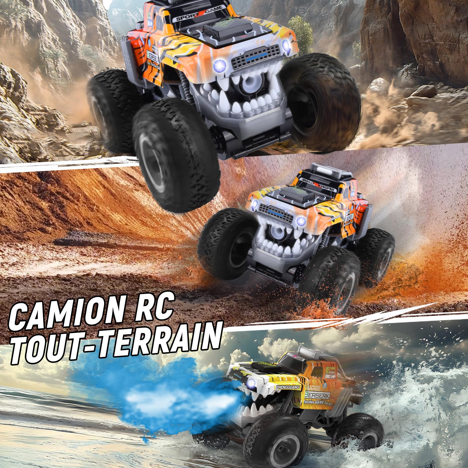 Charmofun Monster Truck Telecommande 1:12, 360° Rotation Dinosaure Voiture Télécommandée Tout Terrain, 2,4GHz RC Monster Truck avec Brume de Pulvérisation, Musique et Lumières LED pour Enfants