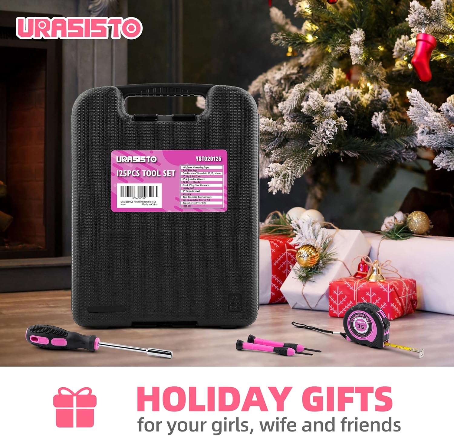 URASISTO 125 PCS Pink Household Tool Set, Pink Ladies Basic House DIY Toolkit Set for Home Garage Office College Dormitory Use, Hand Tool Kits for Women