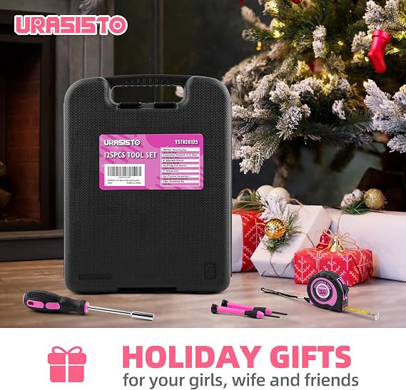 URASISTO 125 PCS Pink Household Tool Set, Pink Ladies Basic House DIY Toolkit Set for Home Garage Office College Dormitory Use, Hand Tool Kits for Women
