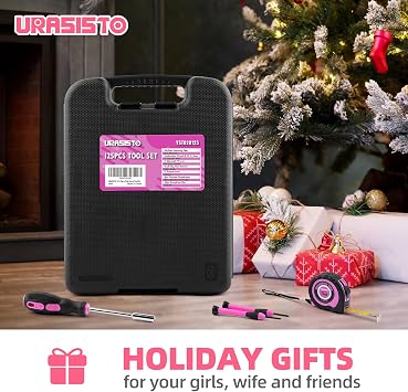 URASISTO 125 PCS Pink Household Tool Set, Pink Ladies Basic House DIY Toolkit Set for Home Garage Office College Dormitory Use, Hand Tool Kits for Women