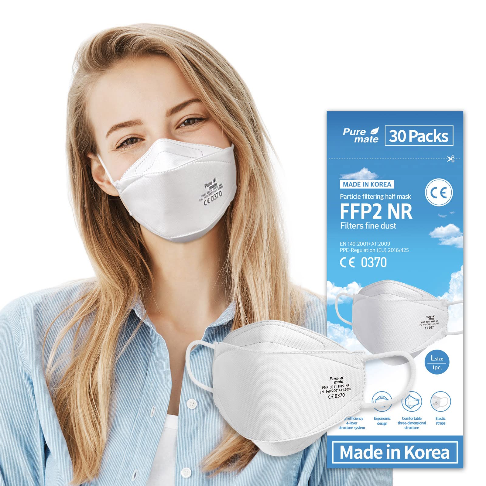 PUREMATE [30 Packs] Made in Korea KF94 Face Mask Individual Wrapped