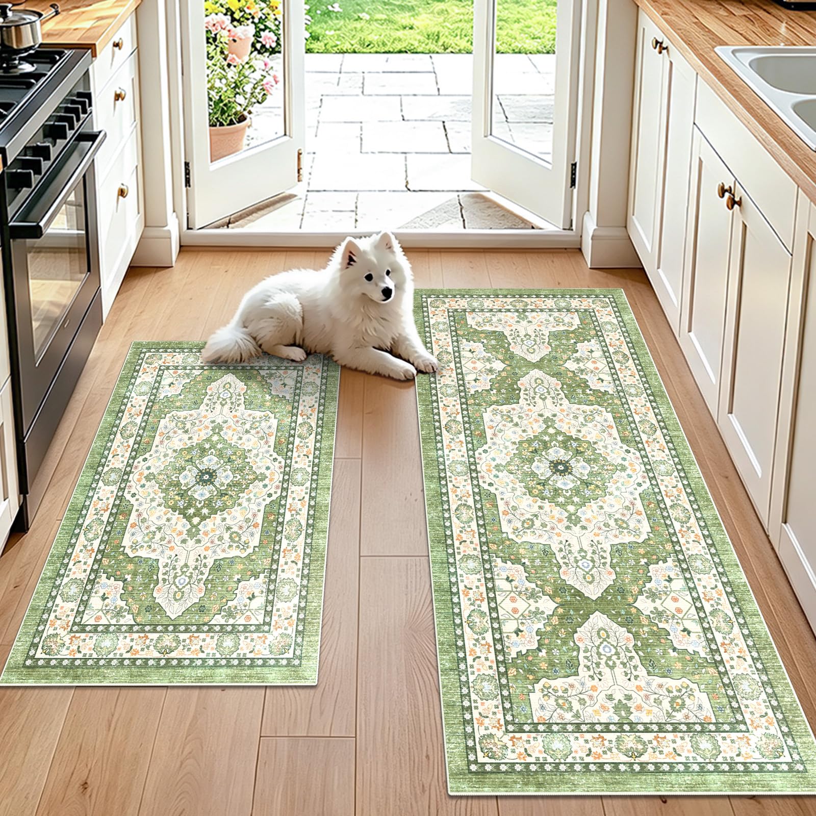 GEANUP Washable Kitchen Rug Set, 2 Piece Grass Green Boho Non-Slip Kitchen Floor Mats, Vintage Low Pile Runner Rug for Hallway, Stain Resistant Carpet for Entrance Bathroom Laundry (50x80cm+50x120cm)