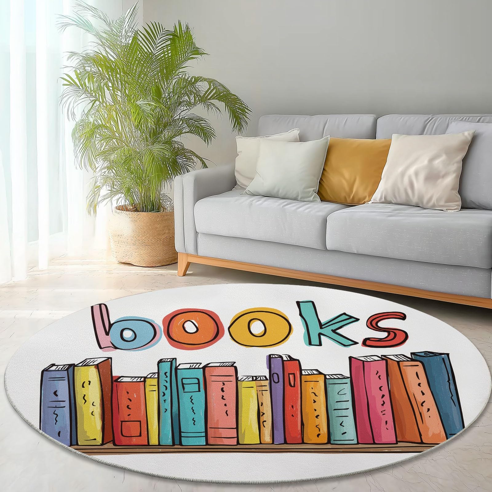 Teppich Rund 200 cm, Waschbare Teppiche, Minimalismus Bücher Briefe Flauschiger Runder Teppiche, rutschfest Carpet, Bedruckter Teppich Schlafzimmer Kinderzimmer, Bunt