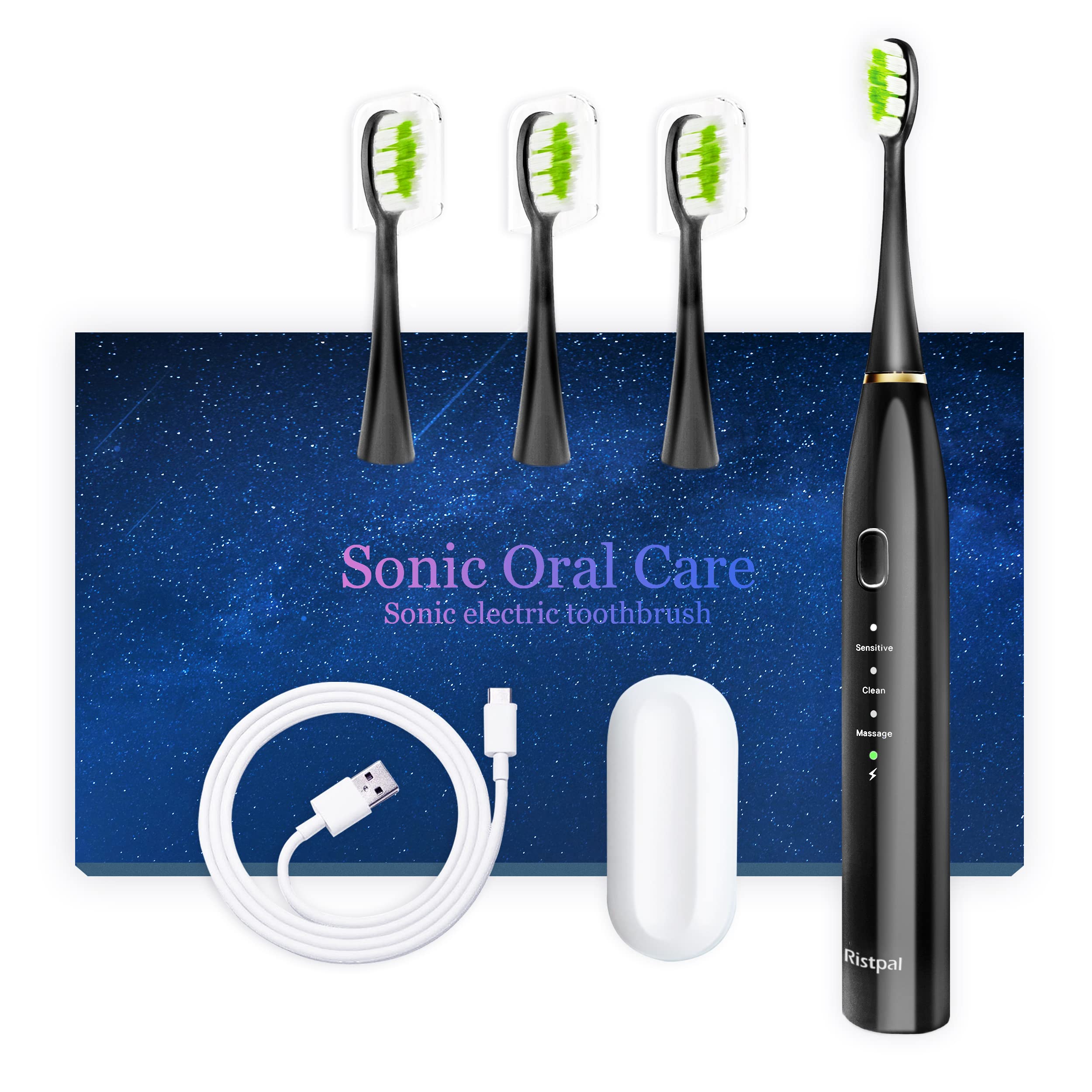 Sonic Electric Toothbrush, 3 Brush Heads for Adults and Kids, USB C Rechargeable Electronic Tooth Brush, One Charge for 30 Days, 3 Modes with 2 Minutes Build in Smart Timer- Black