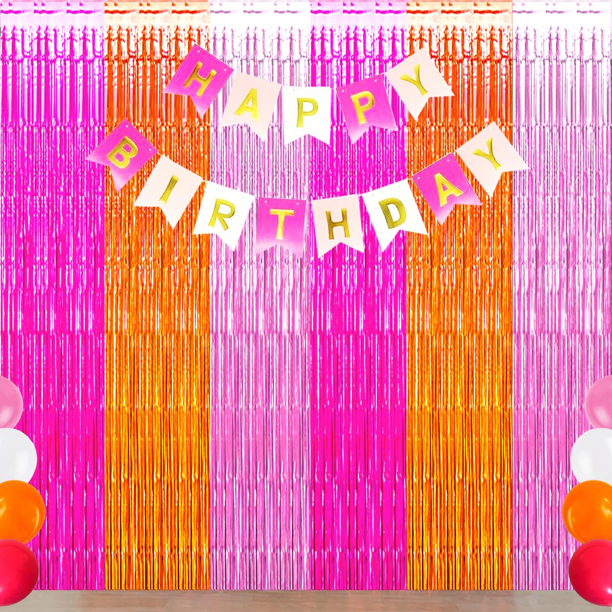 Decoración de fiesta rosa y naranja, cortina de fondo de flecos de papel de aluminio rosa, naranja y rosa intenso, serpentina de despedida de soltera de verano para cumpleaños, boda, baby shower,