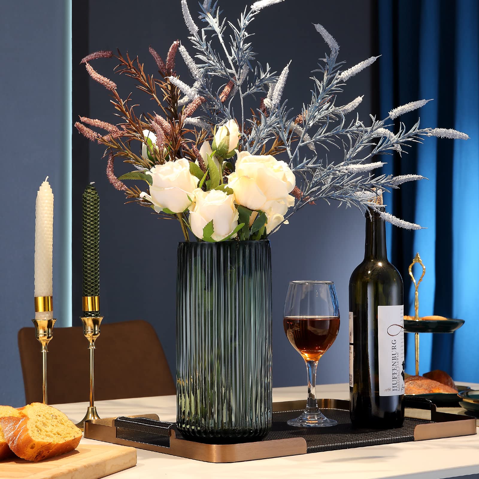 Dinyeo Large Cylinder Ribbed Green Glass Flower Vase for Farmhouse Dining Table Centerpieces Decor, 4.6 x 4.6 x 9.8 pouces - Image 4