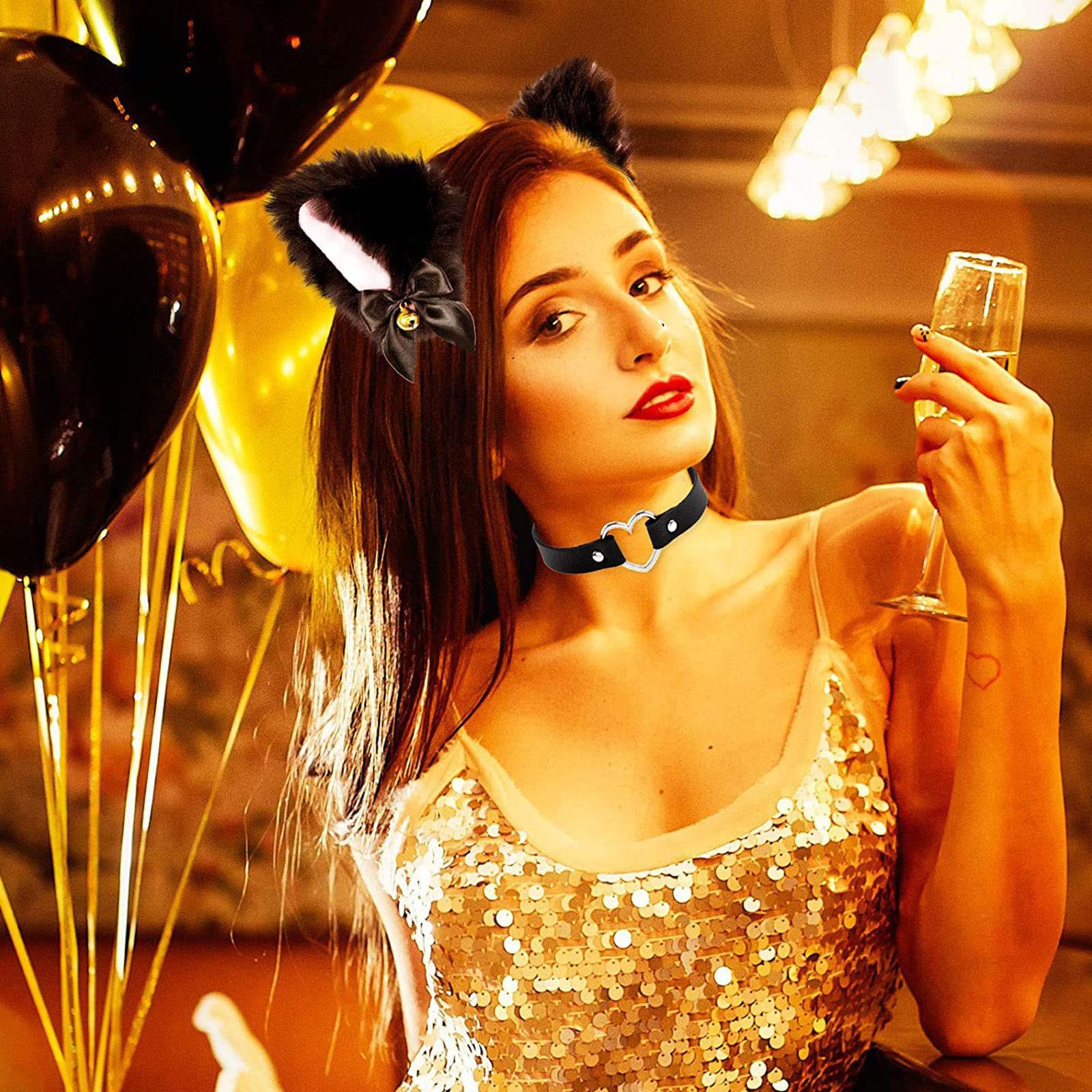Opaska do włosów z kocimi uszami, opaska na włosy, opaska na czoło, dzwoneczek, naszyjnik ze skóry PU, punk, choker, naszyjniki, koło, ozdoba do włosów na imprezę, do kostiumu, 3 sztuki, czarny, jeden rozmiar