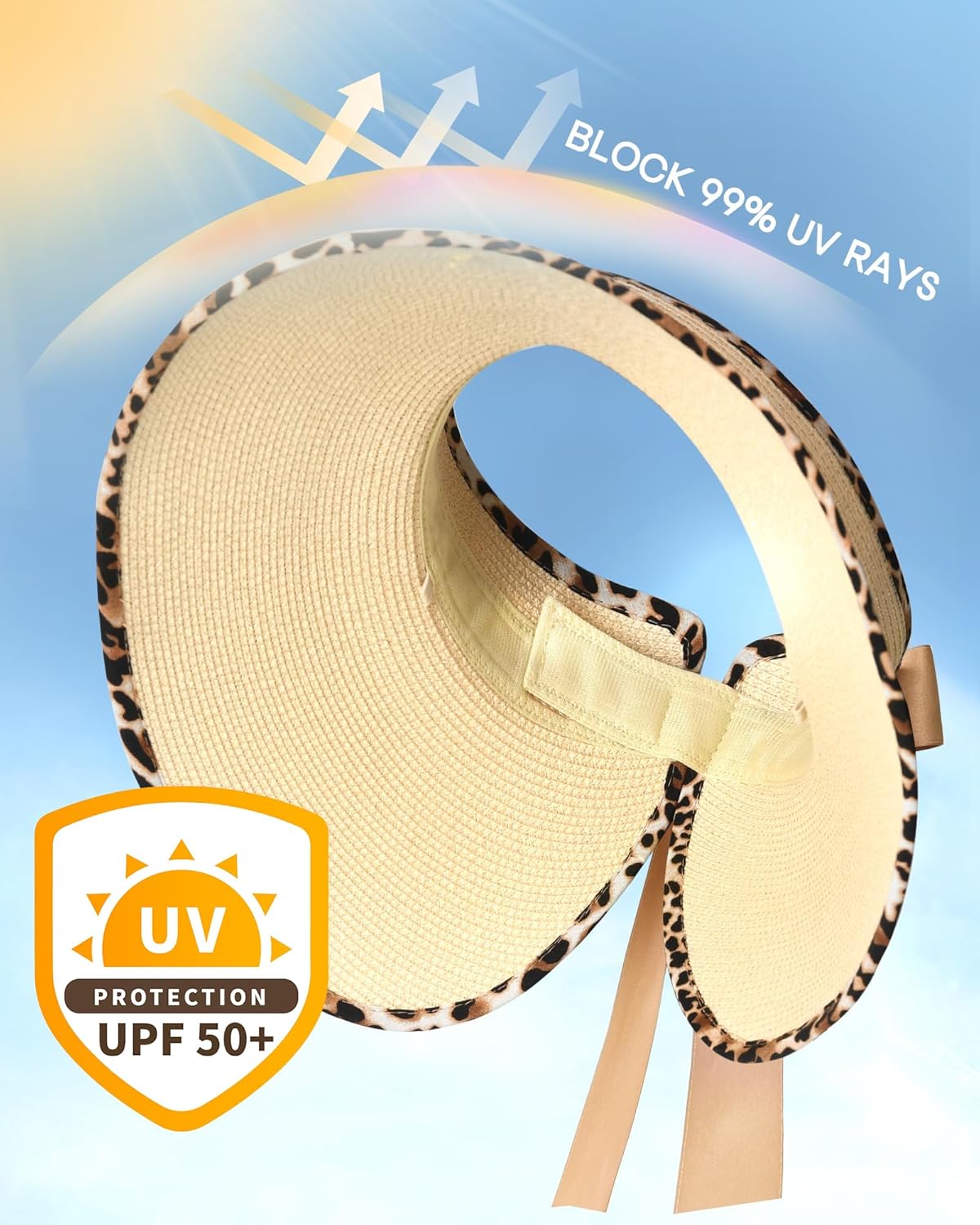 Camptrace Sun Visors for Women Wide Brim Beach Hat Foldable Straw Visor Hat Ponytail Summer Packable UPF 50+ - Image 2