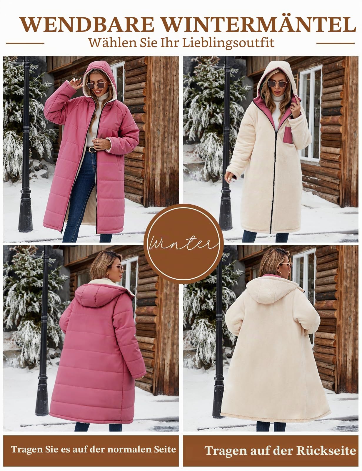 Tuopuda Damen Wintermäntel Lang Winterjacke Warm Winter Fleece Gefüttert Sweatjacke Jacke Mantel Parka Jacket mit Kapuze Teddyfleece Steppjacke Übergangsjacke Winterparka Steppmantel