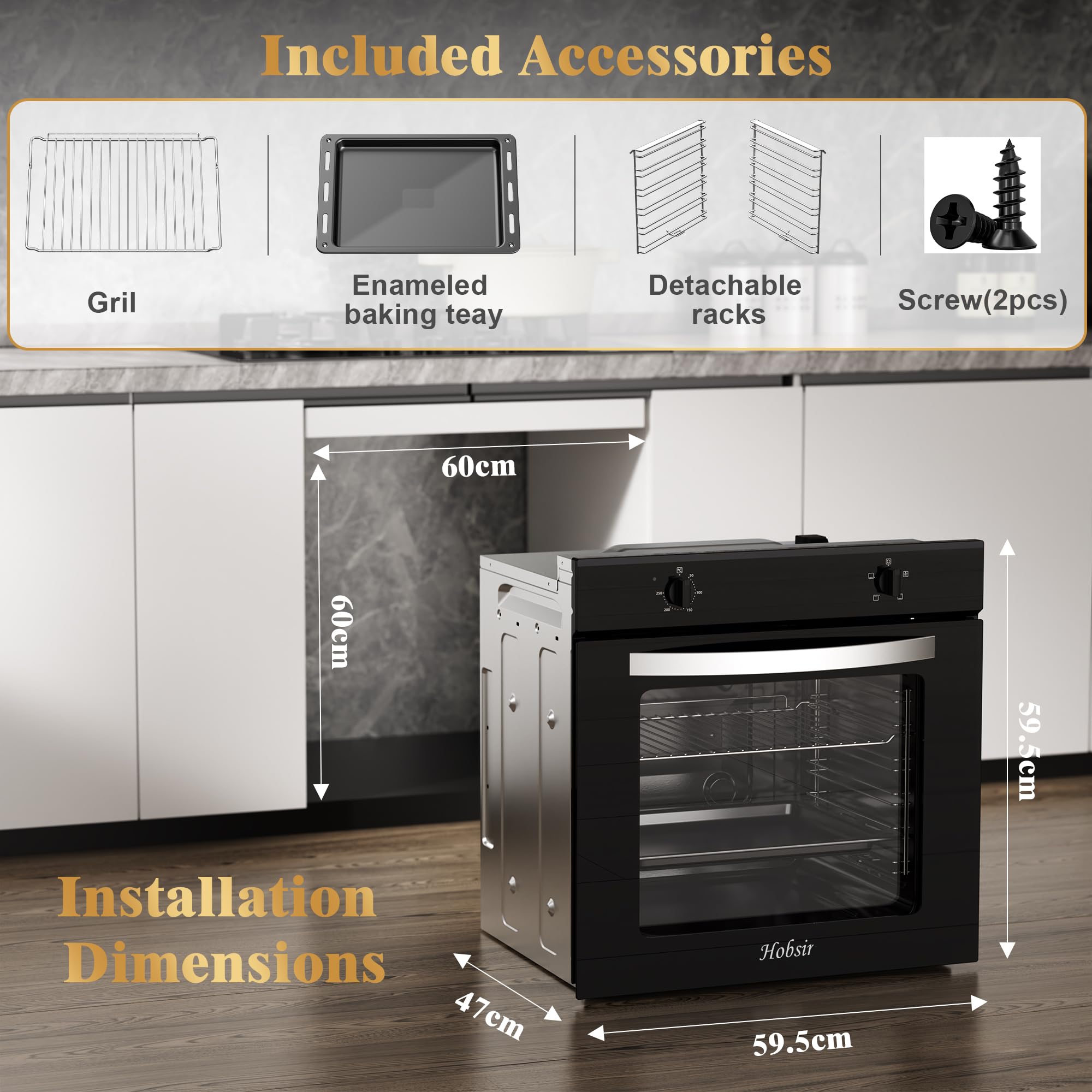 Hobsir Electric Oven, 65L Built-in Oven 4 Functions Knob Control 2000W Plug and Play 220~240V 60cm Wide [Energy Class A] — view 7