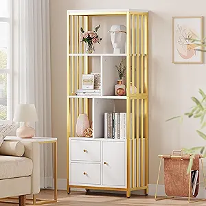 GarveeHome 4-Tier Gold Bookcase w/ 3 Drawers, 62" White Gold Bookshelf with Door and Metal Frame, Floor Standing Display Storage Cabinet for Office Living Room