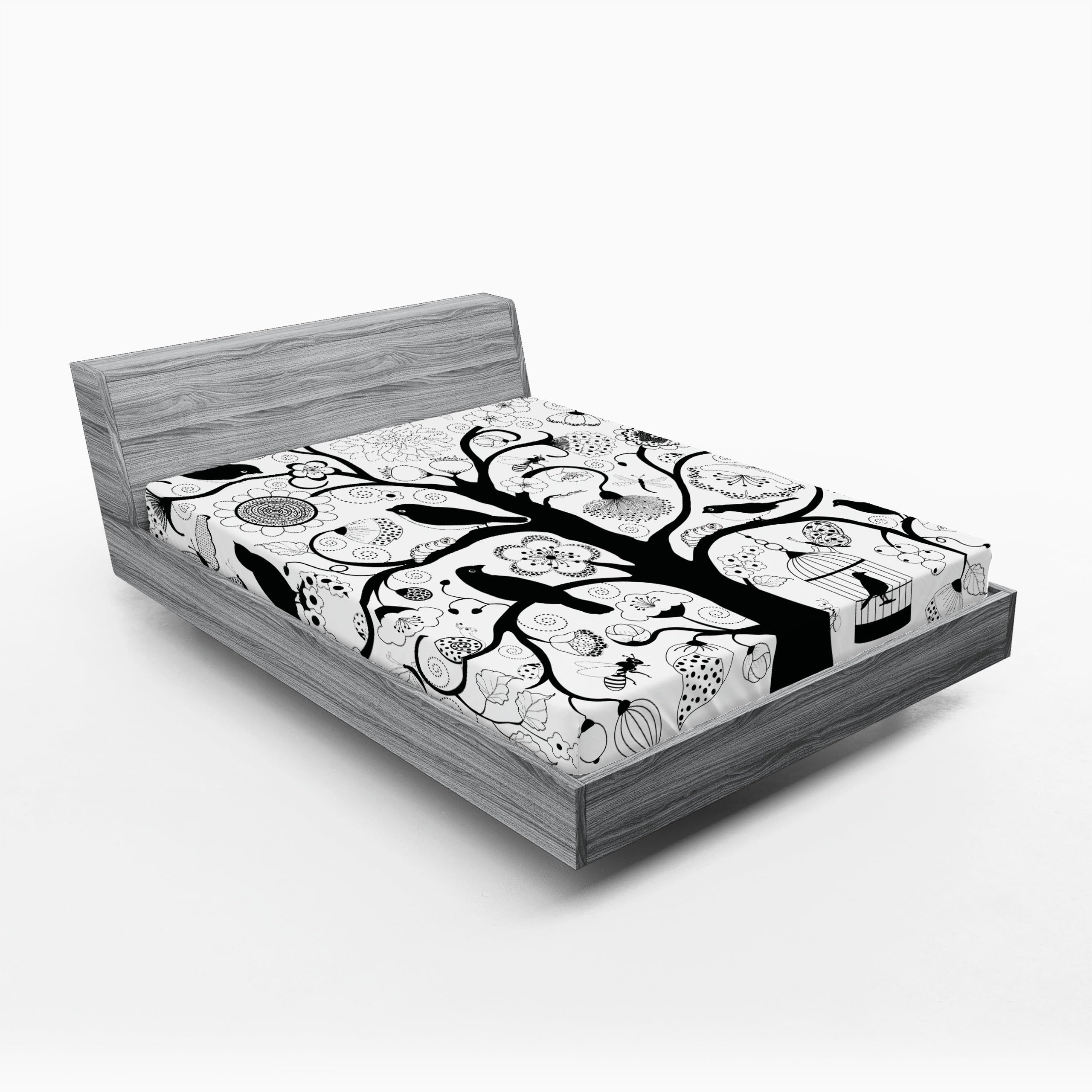 Ambesonne Black White 2 Pack Fitted Sheet, Tree Flowers Birds, Bed Cover All-Round Elastic Deep Pockets 2 Pieces, Package Contains 2 Full Size Fitted Sheets, White Black