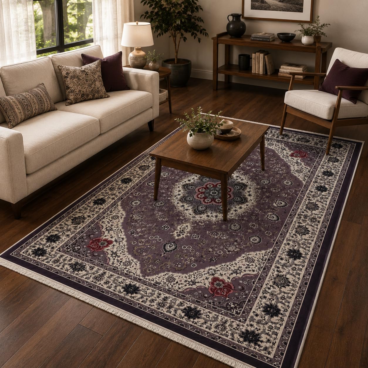 ComfyCove Majestic Medallion Persian Carpet 5 x 7 Feet | Traditional Floral Area Rug with Fringe | Mauve Ivory-image-8