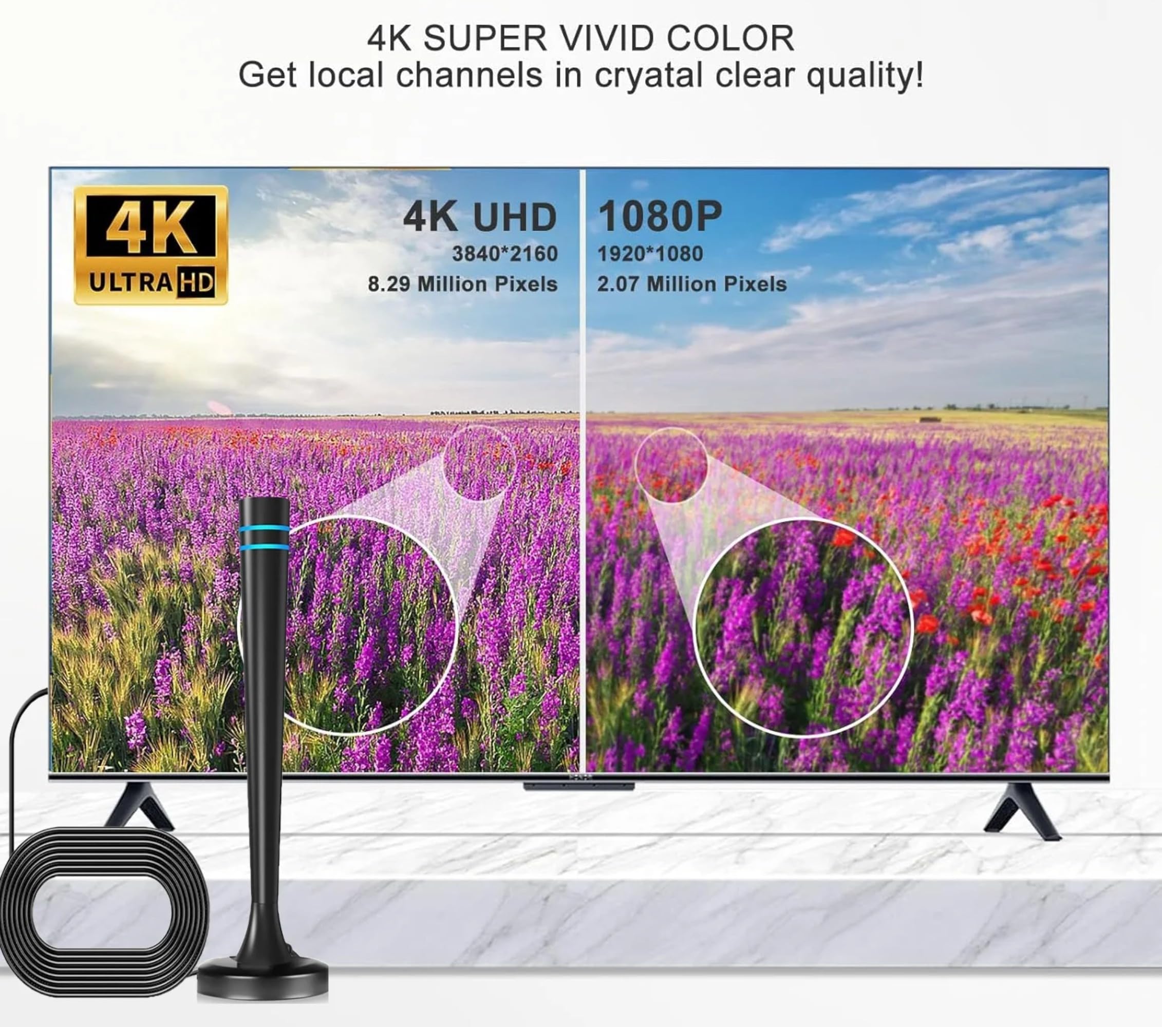 Antena de TV interior para Smart TV, canales locales, recepción de largo alcance, antenas digitales HD con base magnética fuerte
