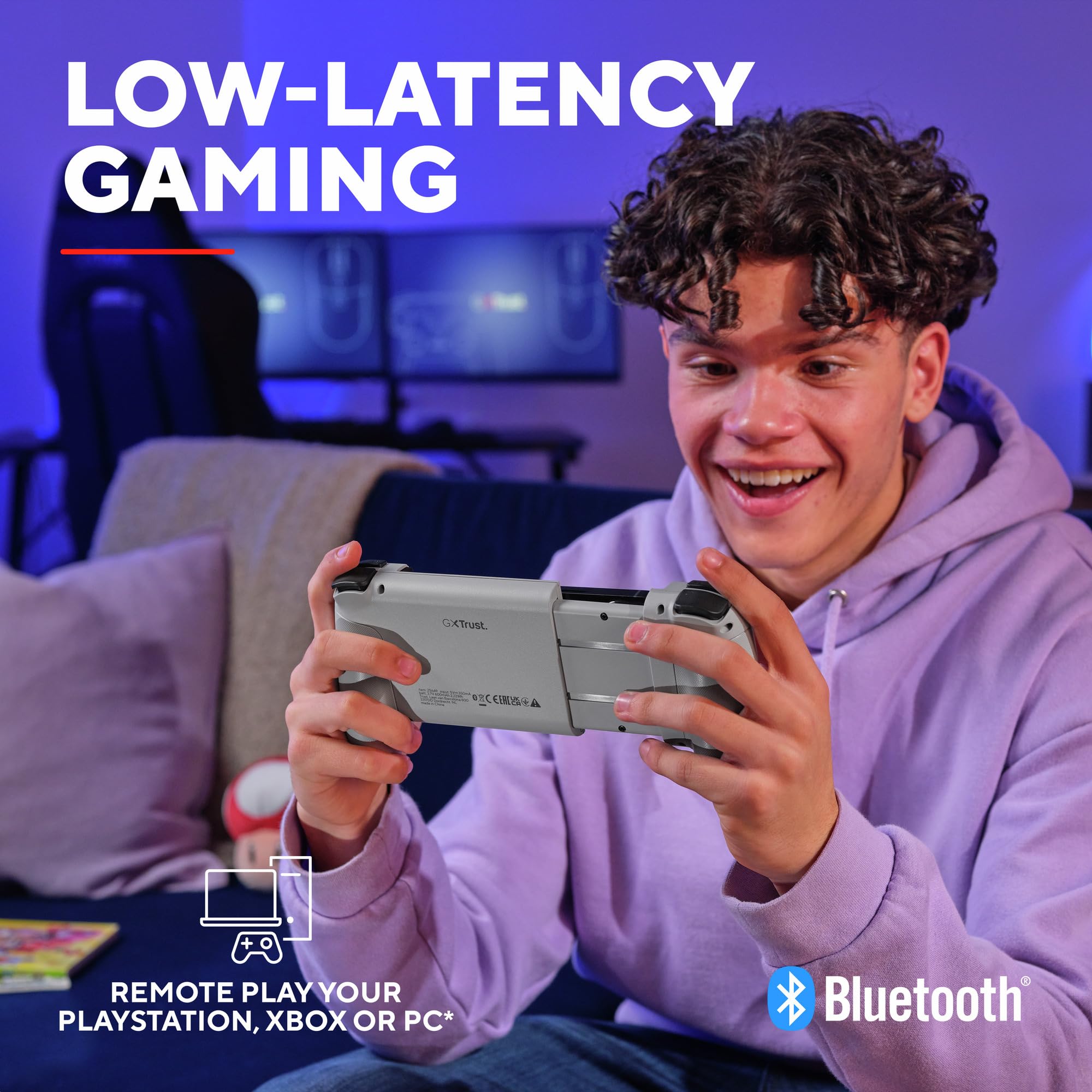 Trust Gaming GXTrust 735G Mylox Kontroler do Gier z Uchwytem na Telefon iPhone Android PS5 Xbox, Akumulator do 12h, Gamepad Bluetooth do Smartfona, Podświetlenie LED RGB, 18 Przycisków, Szary