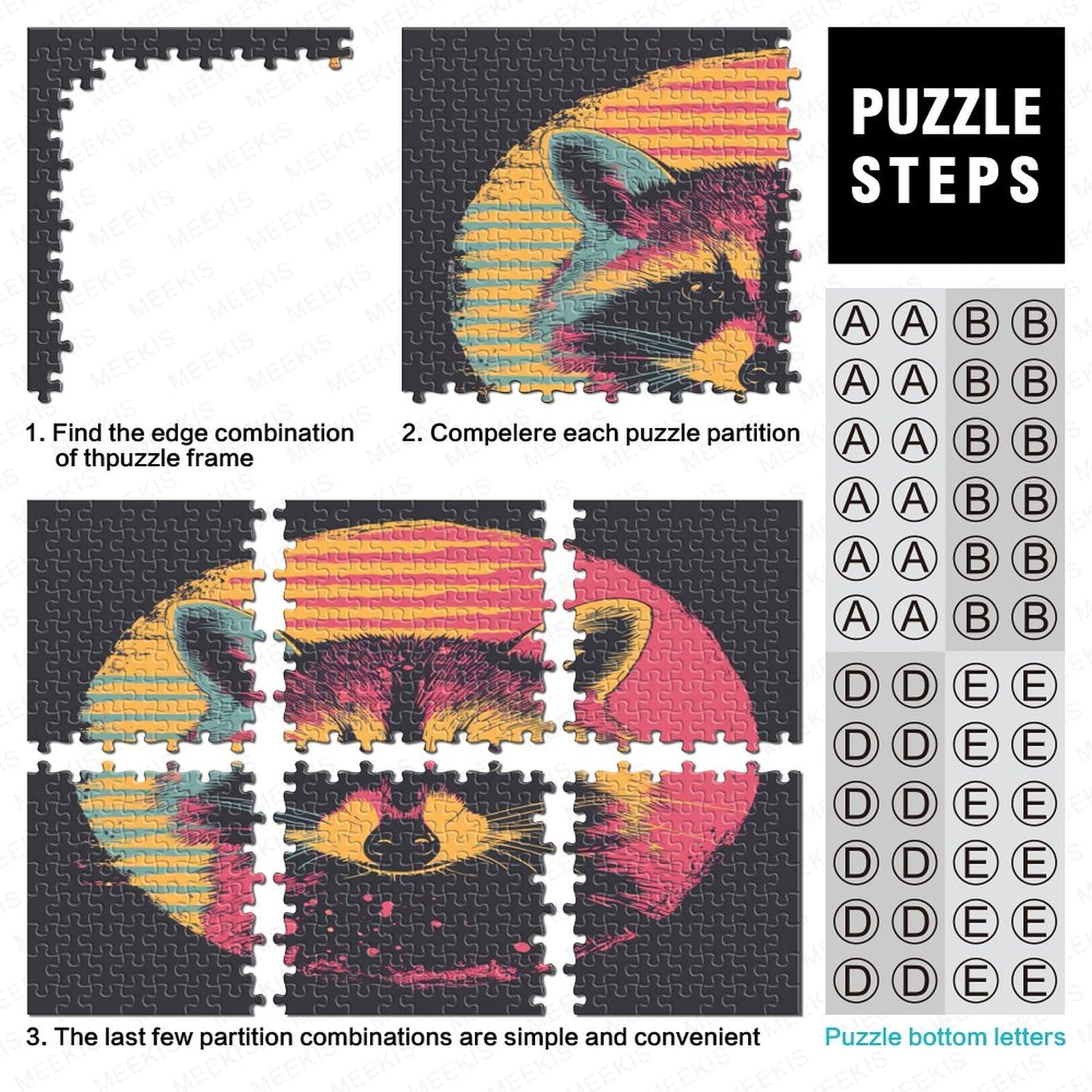 Rompecabezas De 1000 Piezas Para Adultos Y Adolescentes – Diseño De Mapache Con Auriculares, Póster Incluido Y Respaldo Con Letras Para Facilitar El Armado, Medidas 75x50 Cm