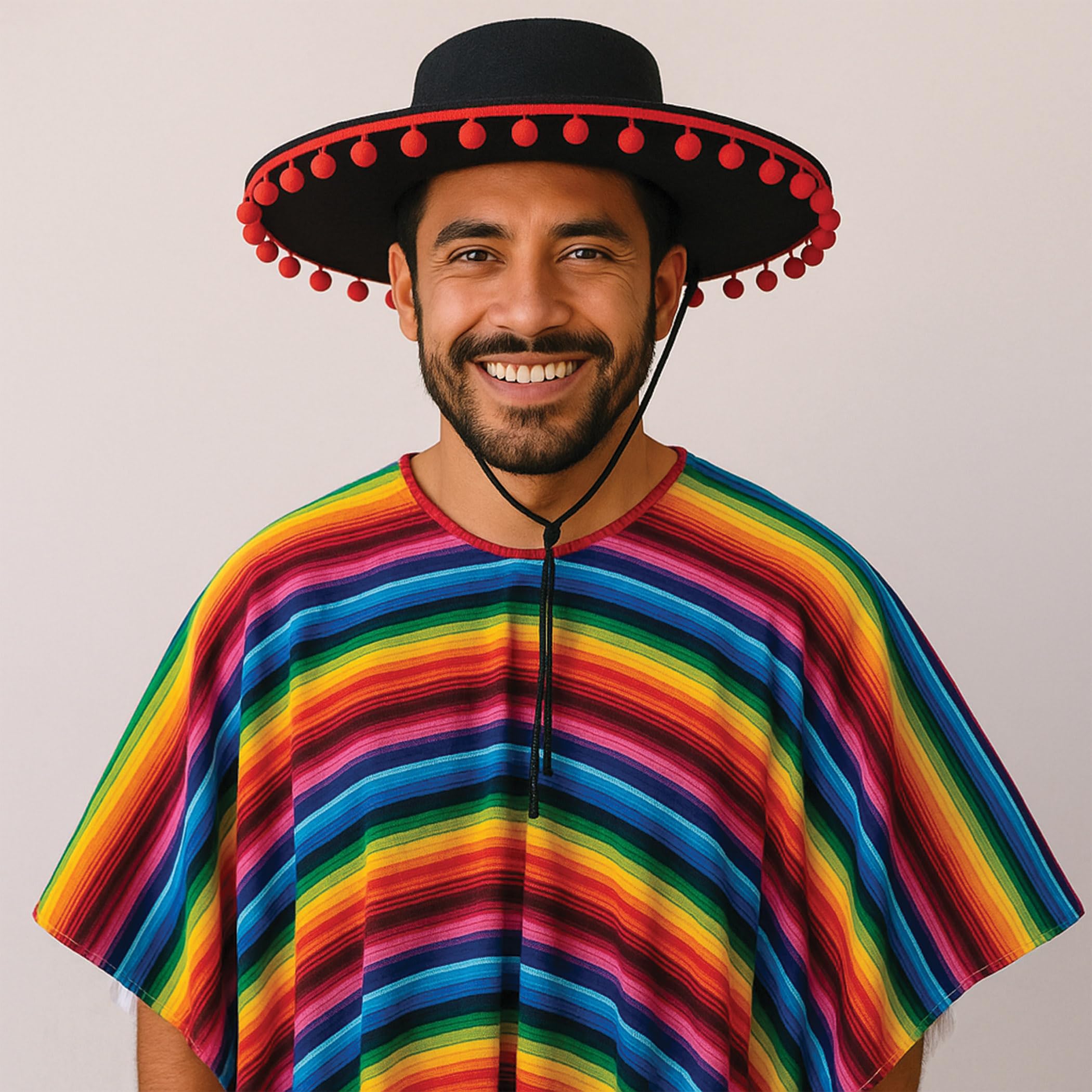 Beistle Fiesta-Kostüm-Set – Spanischer Hut aus Filz und bunter Serape-Poncho, lebendiges Verkleidungsset für Partys, Festivals, Paraden, Cinco de Mayo Feiern und kulturelle mexikanische