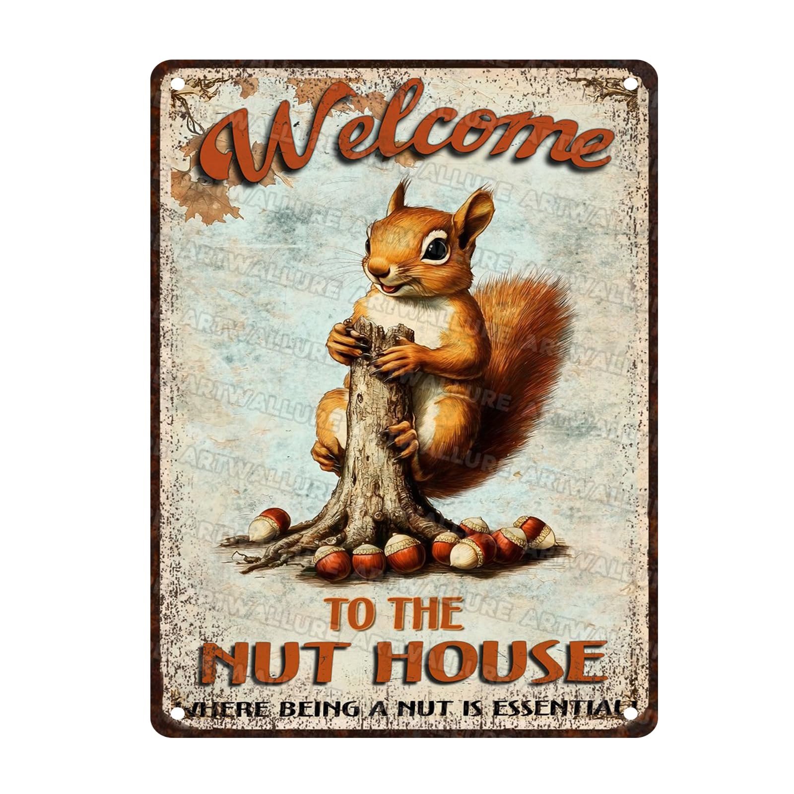 Anceky Vintage Signs Welcome To The Nut House Squirrel Metal Tin Sign Funny Wall Decor For Kitcen Garage Farmhouse Backyard Home 12×16 Inch