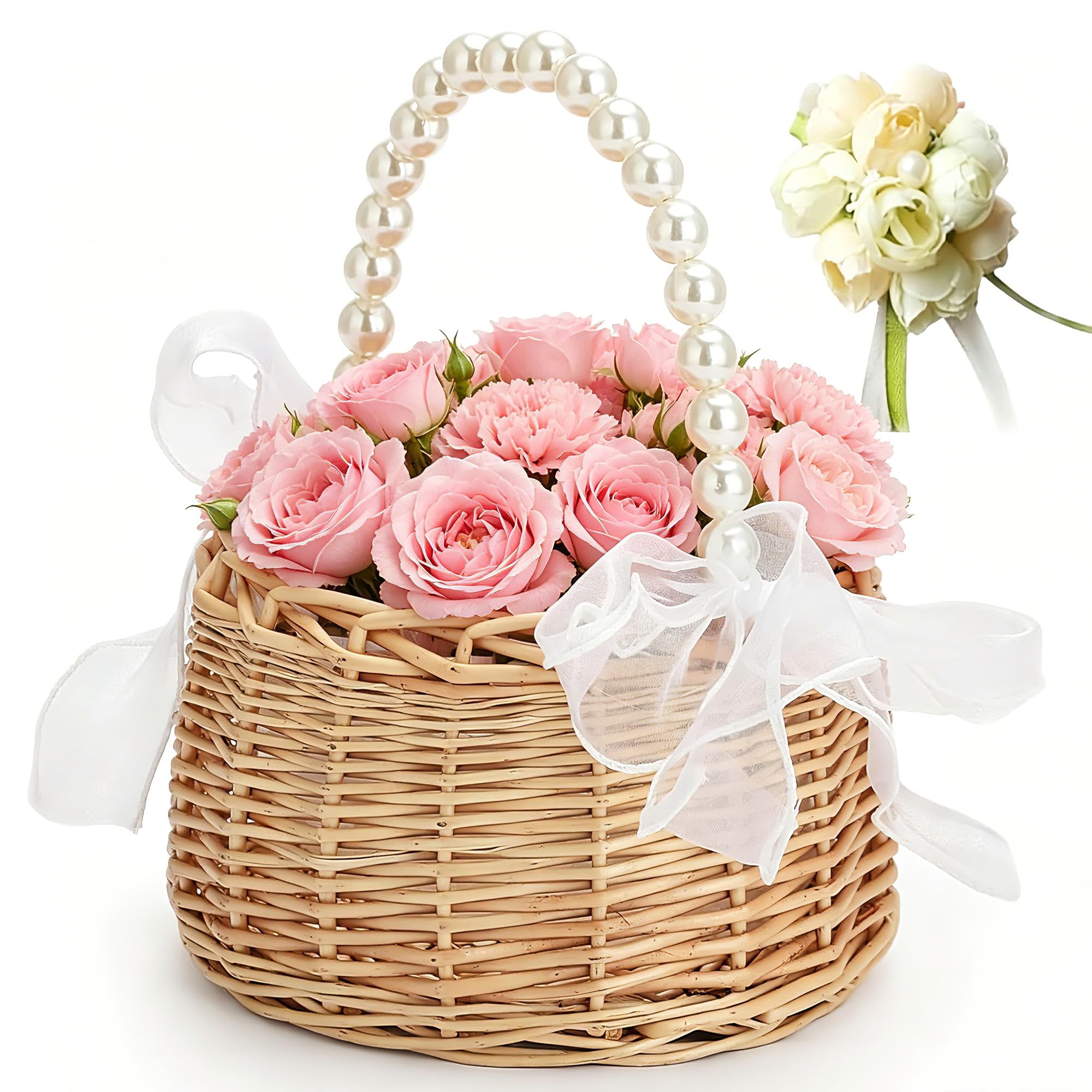 Photo 1 of 1PCS Wicker Rattan Flower Girl Basket with 1PCS Wedding Wrist Corsage, Handwoven Wicker Basket with Pearl Handle Bow Fairy Flower Basket Rattan Basket for Weddings Bridal Anniversary Party Decor (1)