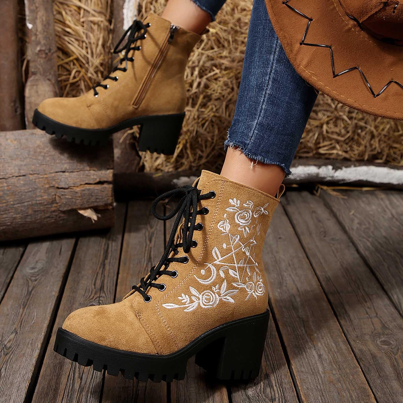 Generisch Botines de mujer con cordones con estampado floral bordado tacón grueso Zapatos cortos para comodidad diaria de moda