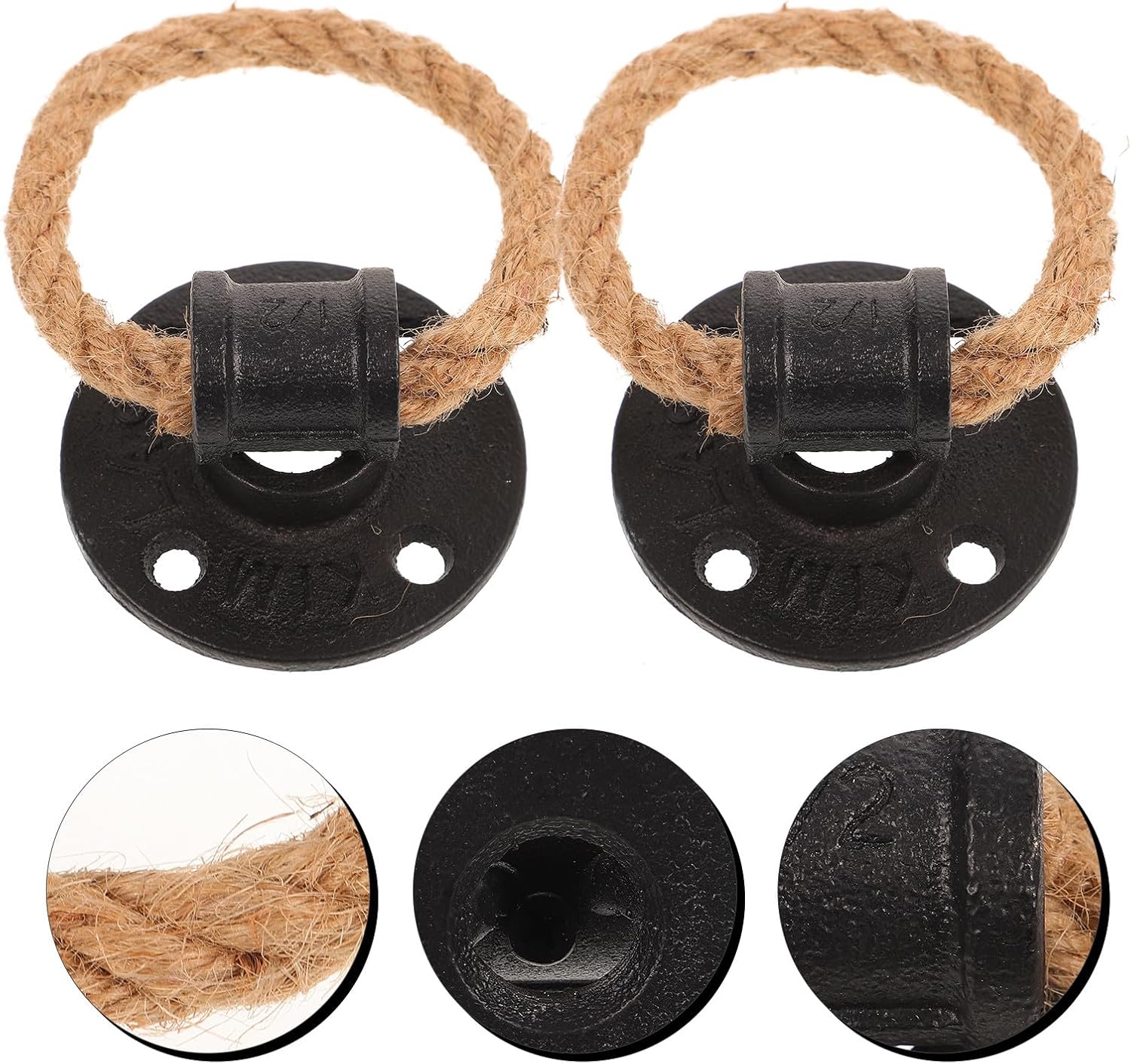 Vintage Rope Pull Drawer Handle Set, Black Jute Cabinet Knob with Iron Ring, Adjustable Length Rustic Door and Cupboard Handles for Wardrobe Hardware (2 Pieces)