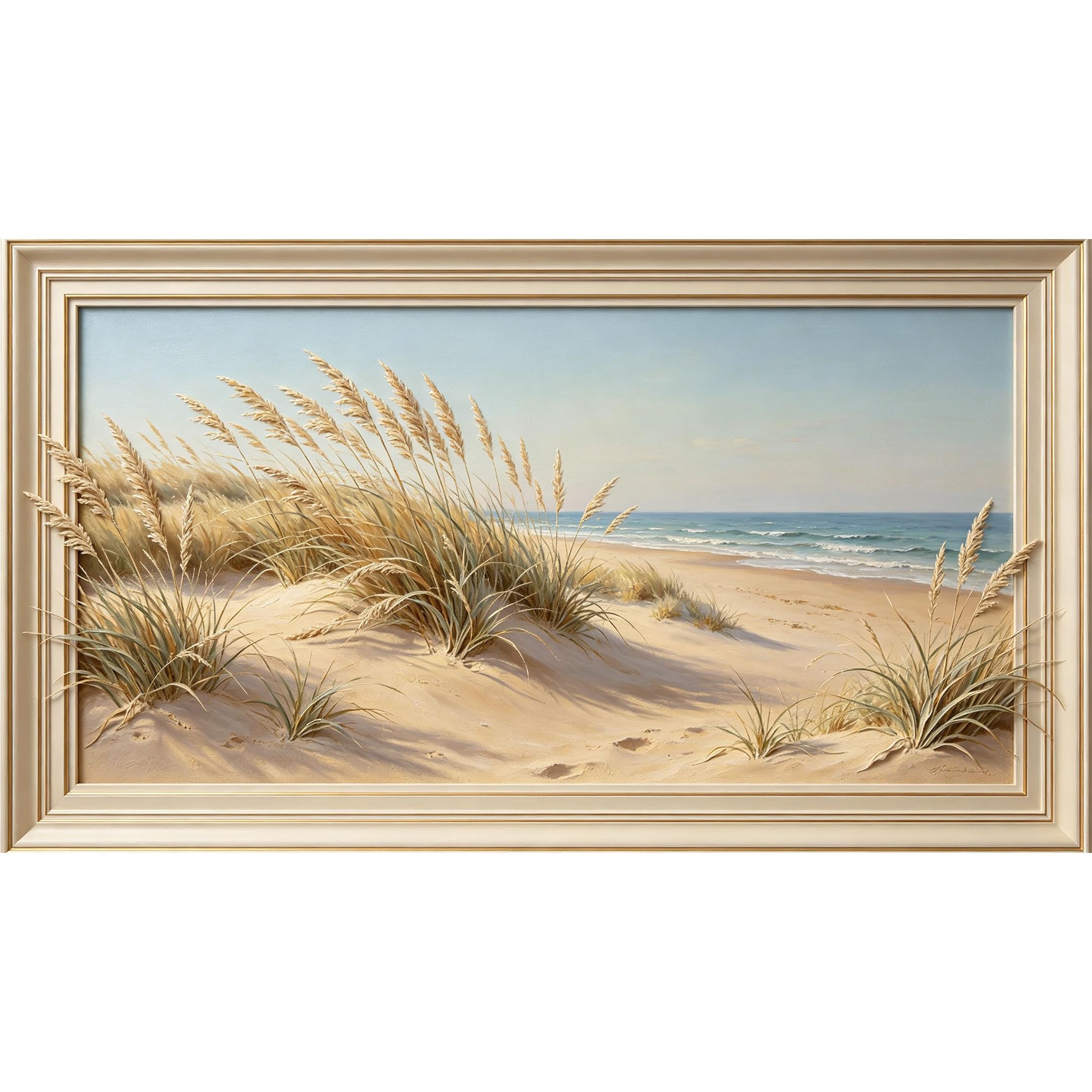 QZLITHOTIC 50×100cm 3D Framed Wall Art， Coastal Beach Dunes and Sea Grass Landscape Self?Adhesive Mural， Water?Activated Peel & Stick Fabric Decor Wall Decal for Bedroom Living Room