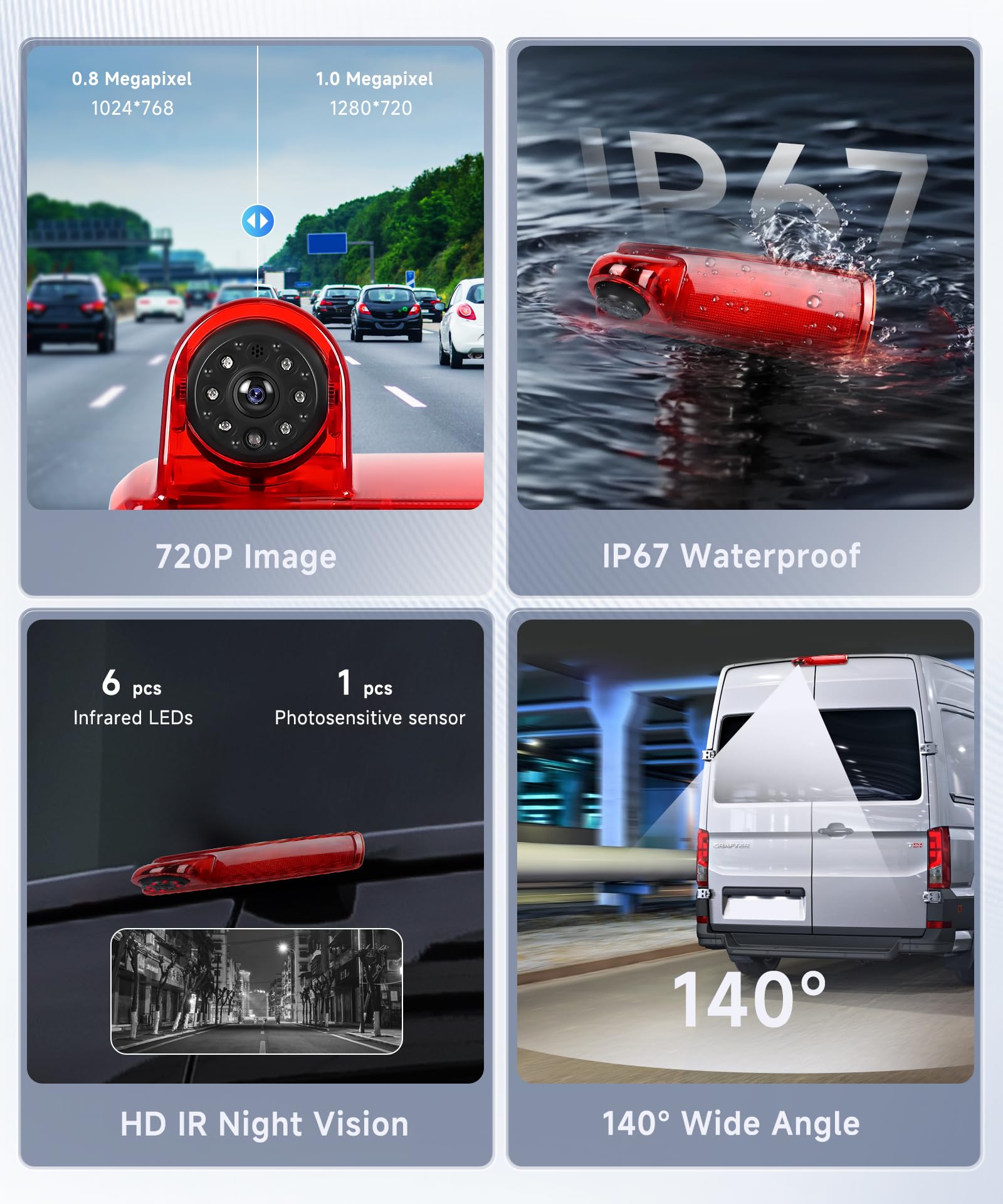 Hodozzy Caméra de Recul pour Renault trafic 2014/Opel Vivaro 2014,Caméra de Troisième Feu Stop de Voiture,Vision Nocturne IR, Etanche IP67,Angle Réglable,avec Ligne Inversée