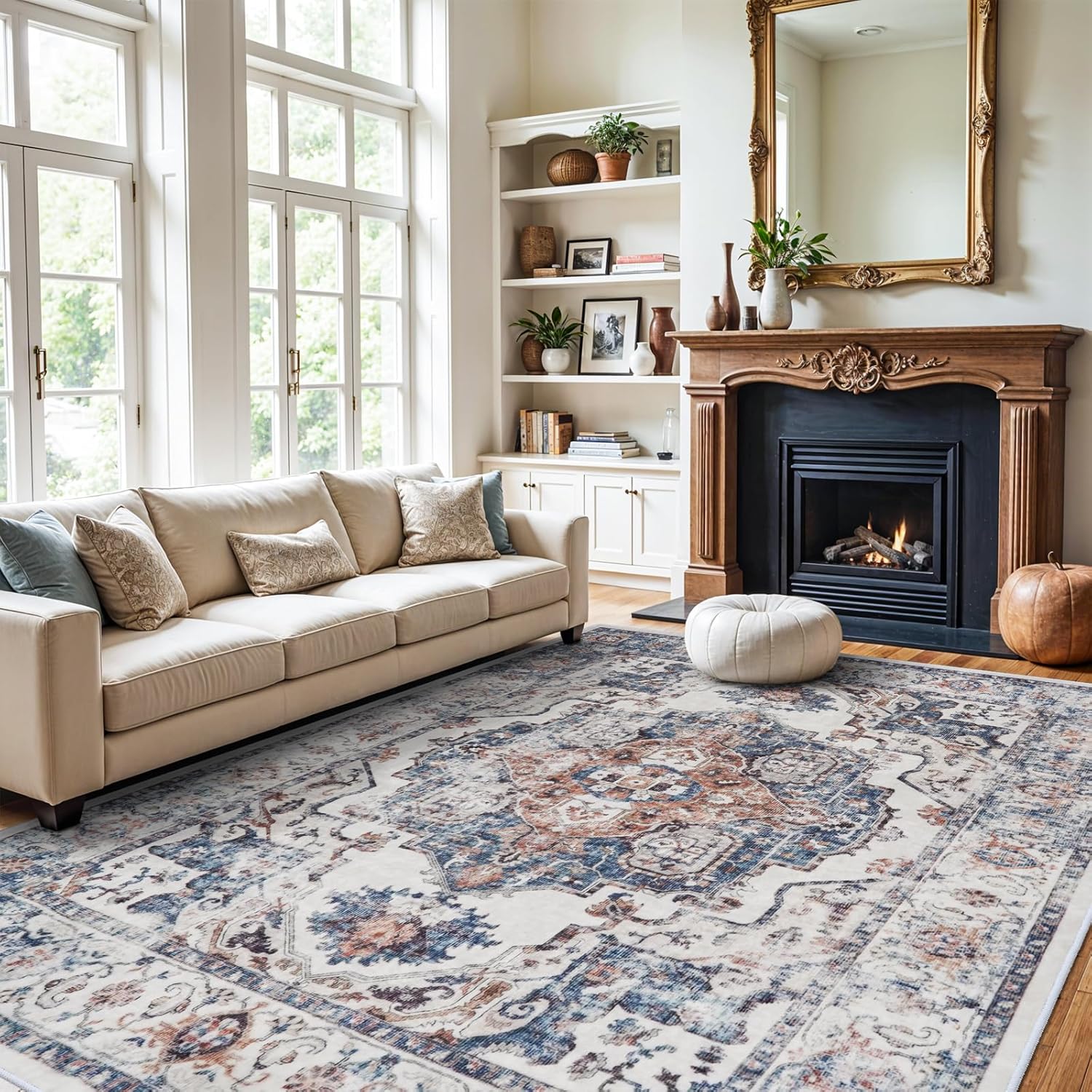 Washable Large 9x12 Area Rug: Living Room Oriental Non Slip Soft Rugs Indoor Low Pile Stain Resistant Carpet for Bedroom Dining Room Farmhouse Distressed Thin Home Decor Floor Mat (9x12 Brick) 9' x 12' (Rectangular) Brick
