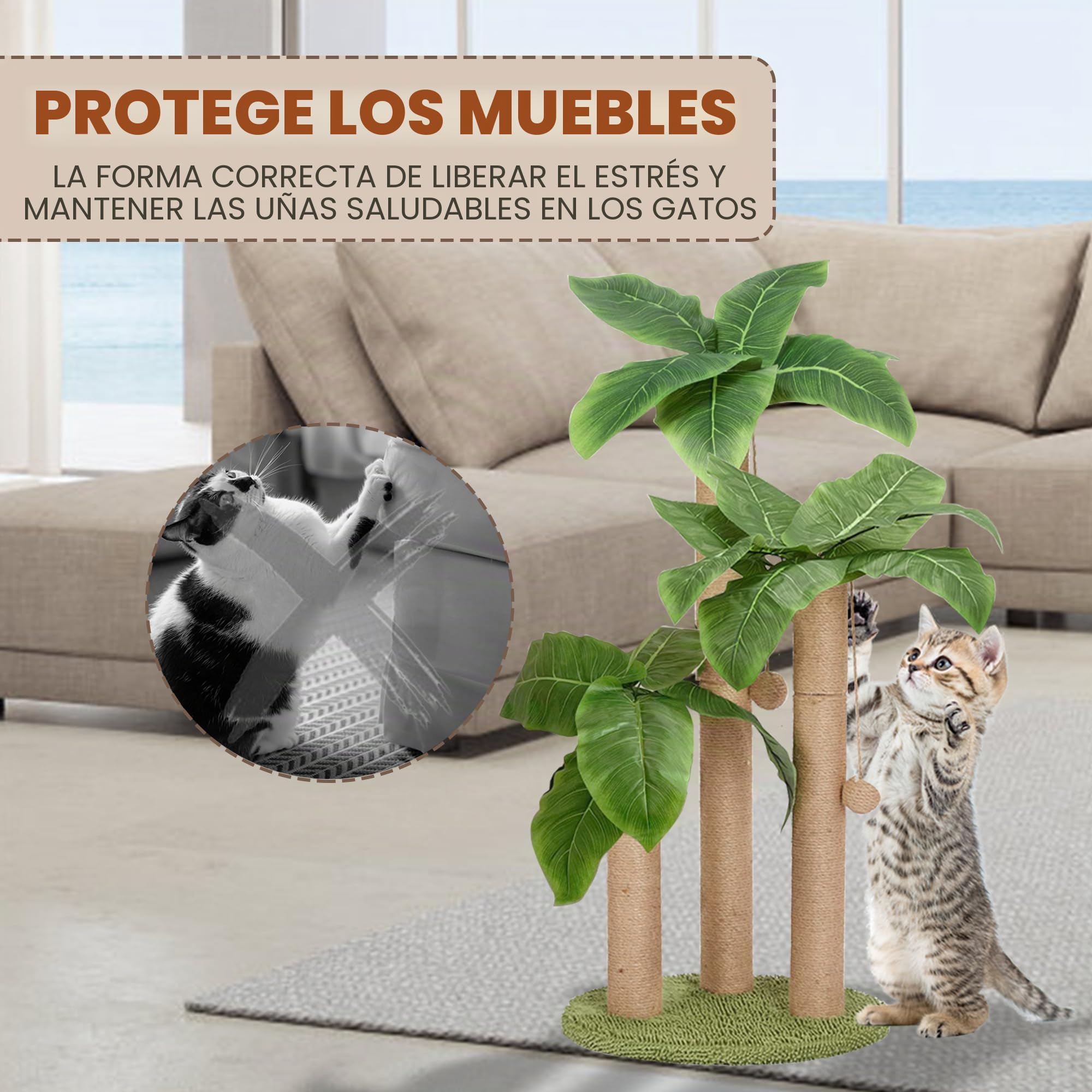 Poste rascador para gatos de 80 cm, árbol rascador mediano con 3 postes rascadores para gatos grandes con 2 bolas colgantes para burlas, cuerda de sisal natural (80 cm)