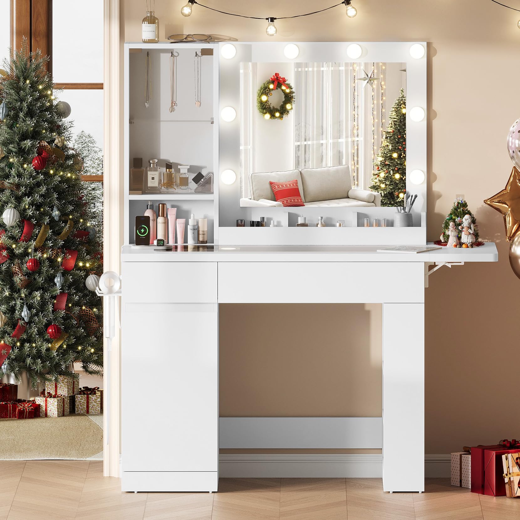 Dripex Tavolo da Toeletta con 10 Sfere Luminose a LED e Prese, 115 cm, con Specchio e Piano in Vetro Trasparente, Vanity Desk per Camera da Letto, Bianco