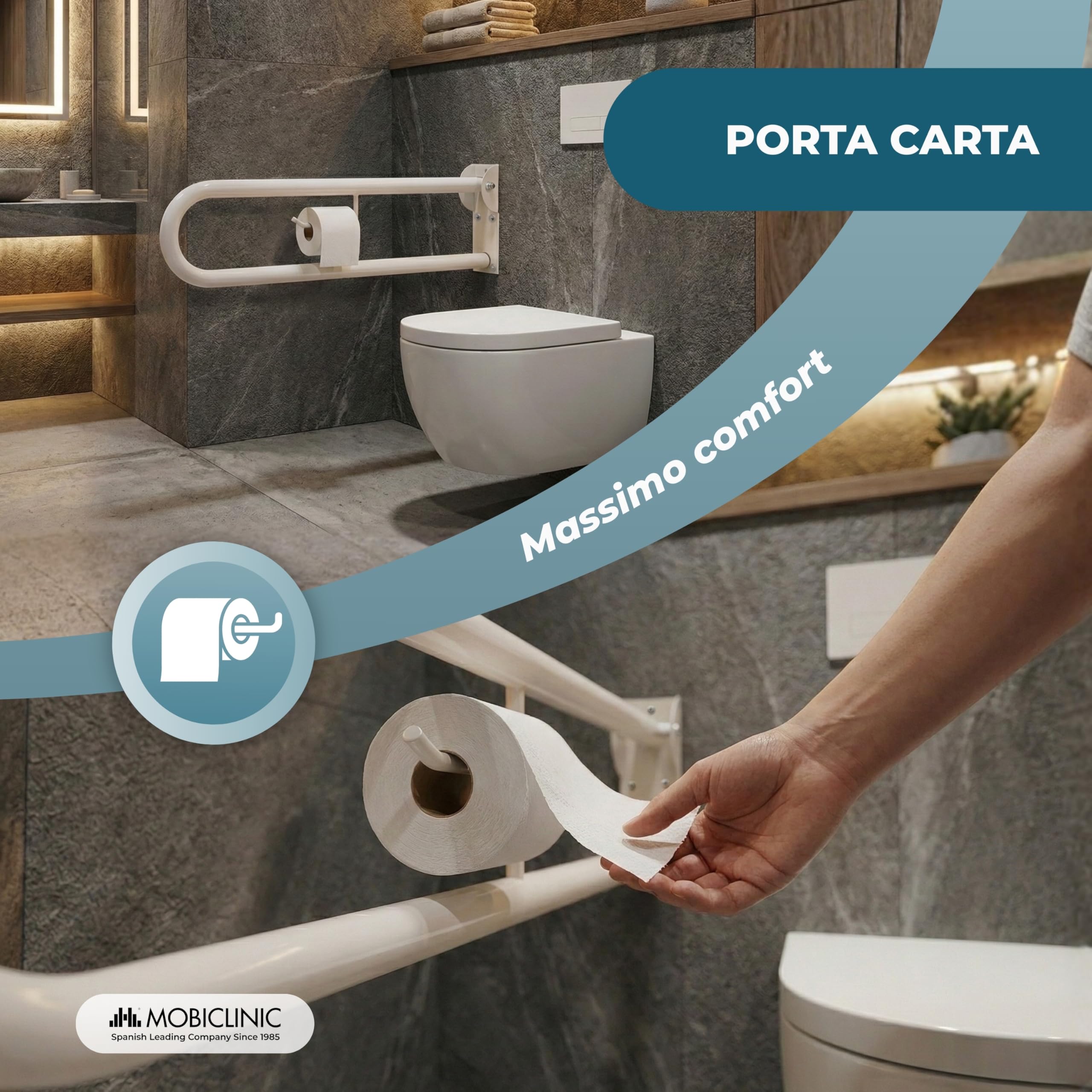 Mobiclinic, Maniglione bagno disabili, Arco, Pieghevole, Maniglia doccia anziani, Ribaltabile, Con portarotolo, Doppia wc, Maniglie di sicurezza, Ausili