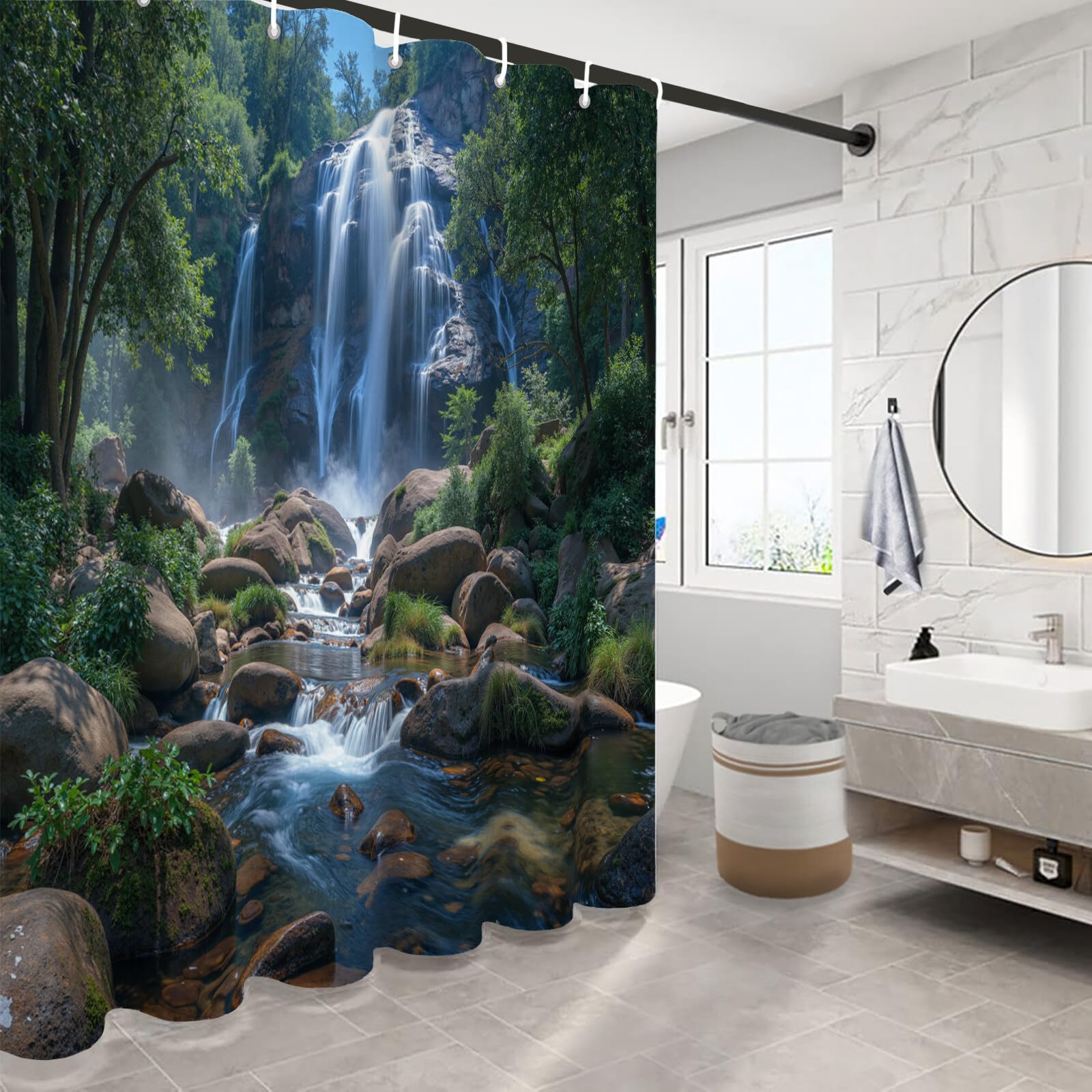 Rideau Douche,Rideau Baignoire Lavable en Machine Rideaux Douche Tissus Lavable Rideau De Baignoire Lavable pour Salle De Bain Domicile Baignoire Famille,Forêt De Cascades,