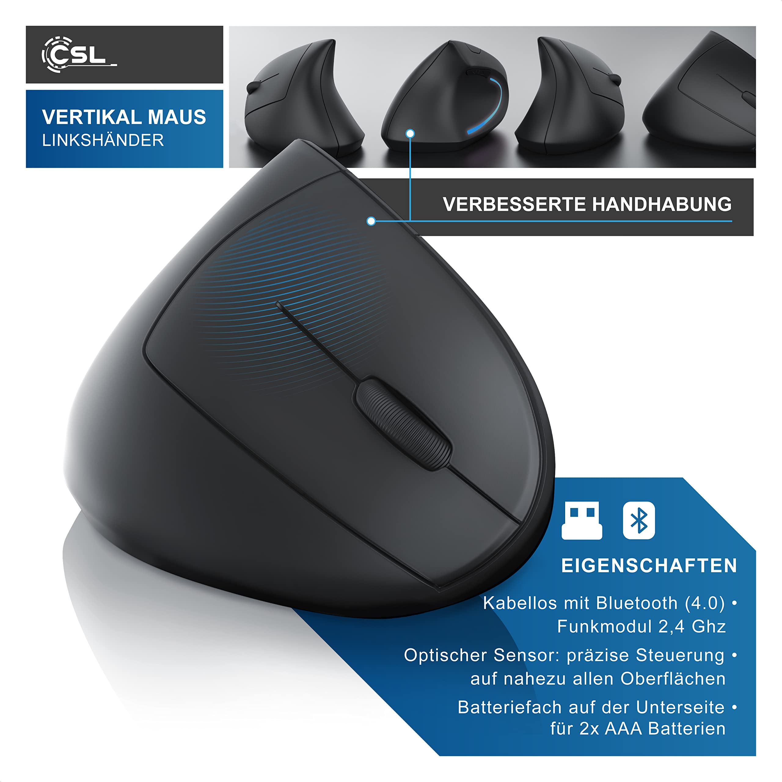 CSL – Maus kabellos für Linkshänder – Vertikalmaus Bluetooth und 2,4 Ghz Wireless Funkmaus – vertikal ergonomisch – Vorbeugung gegen Mausarm – für pc Laptop Notebook