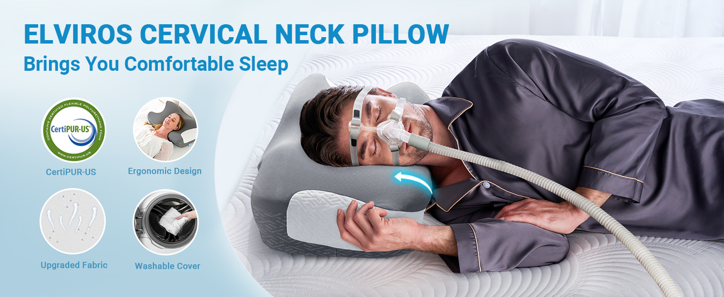 Elviros Memory Foam CPAP-kussen, ergonomisch nek kussen met verstelbare hoogte en hardheid voor CPAP-gebruikers, compatibel met verschillende maskers, voor zij-, rug- en buikslapers, verkoelende hoes