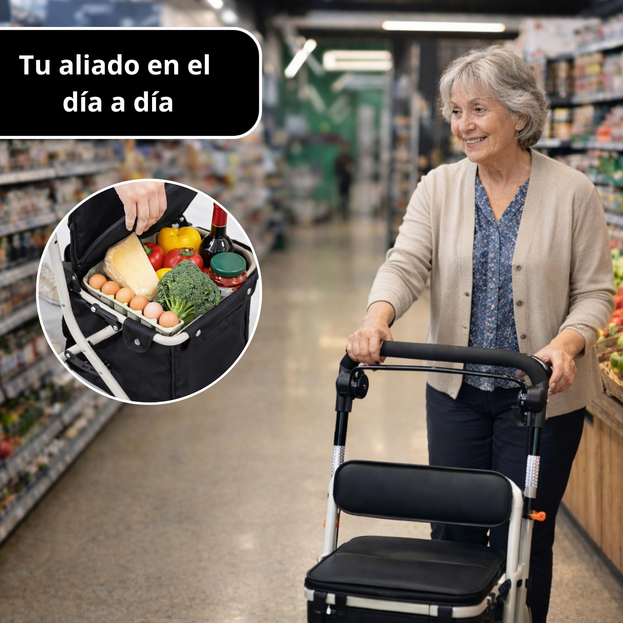 Andador Carro de Compra para Mayores – Plegable,Asiento y Respaldo Acolchado, Freno Seguridad, Bolsa Extraíble, Ruedas 360º -Ligero y Ajustable en Altura- PESO SOPORTADO 130KG- MARCA ESPAÑOLA