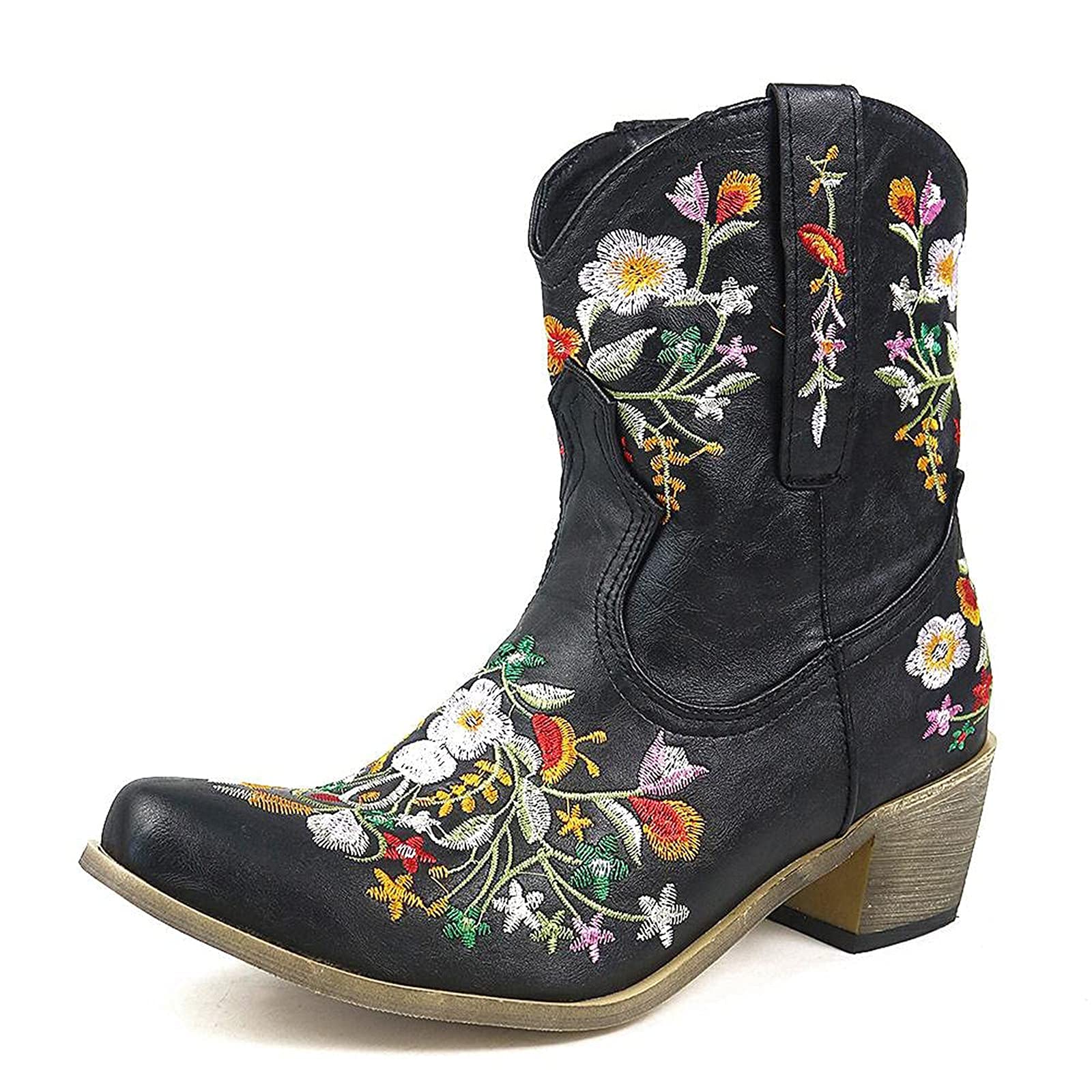 Cowboy Boots for Women Womens Flower Embroidered Ankle Boot Womens Western Cowgirl Booties Pointed Toe Low Chunky Heel