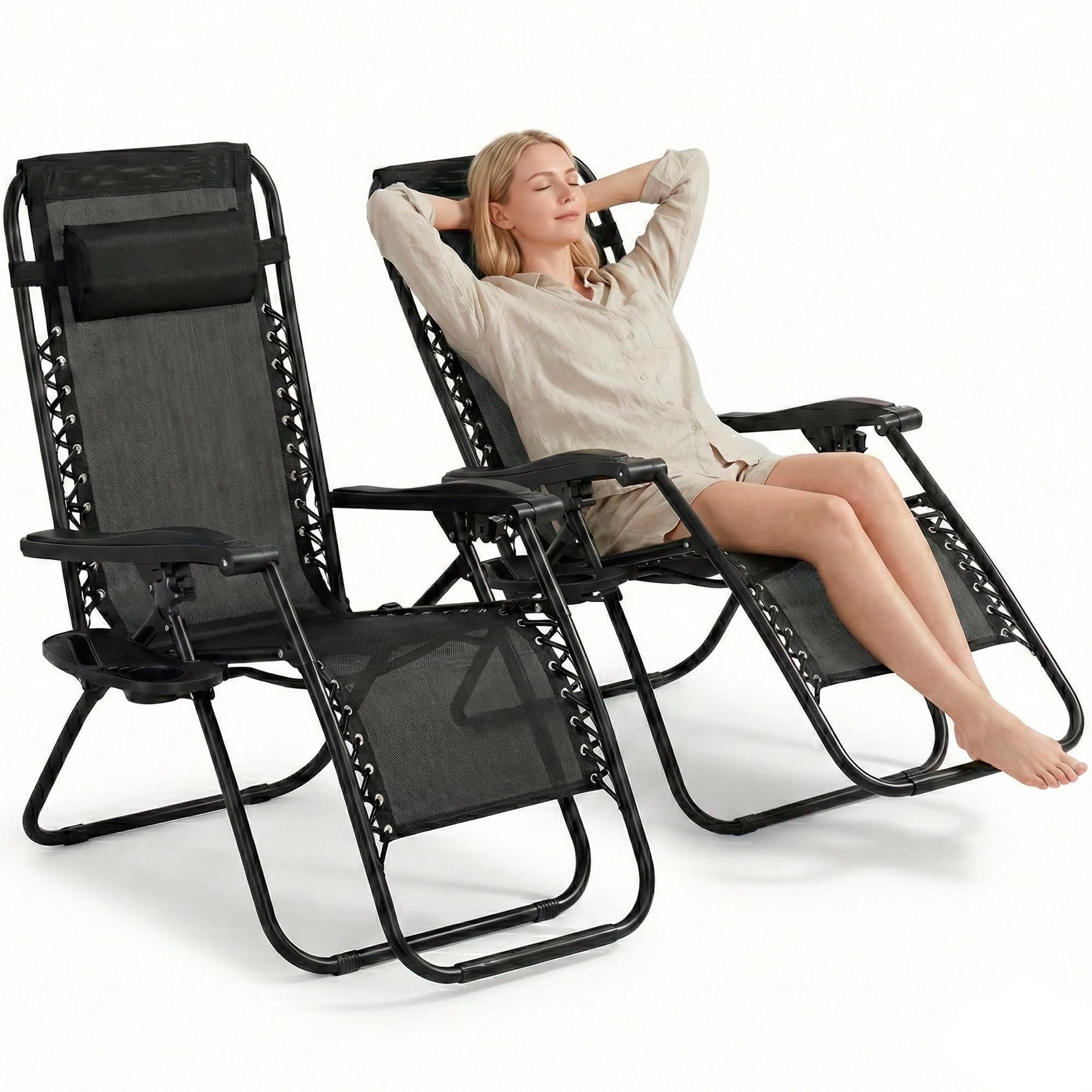 FORA Set 2 Sdraio da Giardino Pieghevoli – 176×67×110 Cm, Tubo 25mm e Tessuto Traspirante, Nero, Reclinabili Con Blocco di Sicurezza, Cuscino Incluso, Chiusura Rapida, 120 Kg - 2