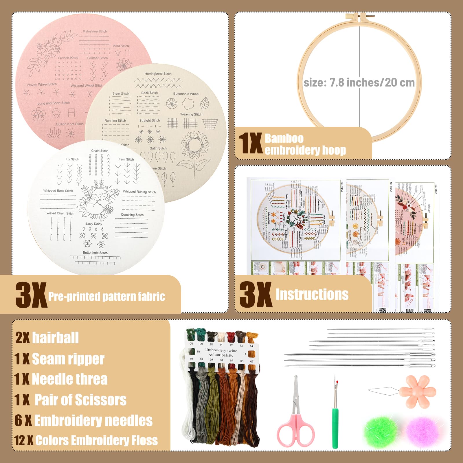 Hi-YomiLaugh Paquete de 3 kits de bordado para principiantes y kits de punto de cruz para adultos, kit de inicio preestampado floral con aro, hilos, agujas y herramientas (jardín floral)