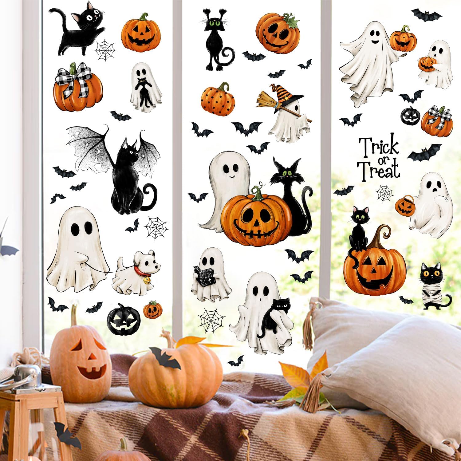 87 PCS Halloween Window Clings Ghost Decals Decor, Vintage Ghost Evil Pumpkin Bat Black Cat Reusable Window Stickers for Halloween Party Supplies Home Glass Decorations image 5