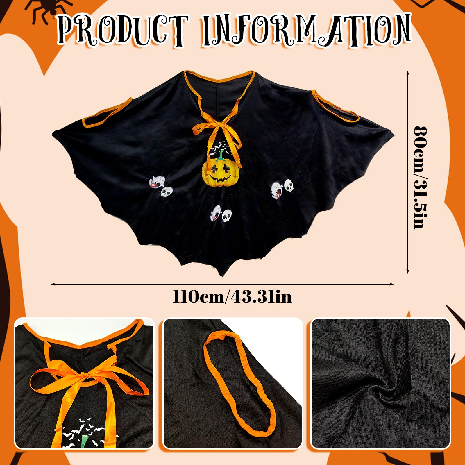 YAUOIPI Halloween Cape Costume Children,Black Pumpkin Cloak Wizard Hat Bat Candy Bag,Suitable for Height 90-150 cm Boys Girls,for Vampires Role Playing Stage Performance Halloween Christmas (Black) - Image 2