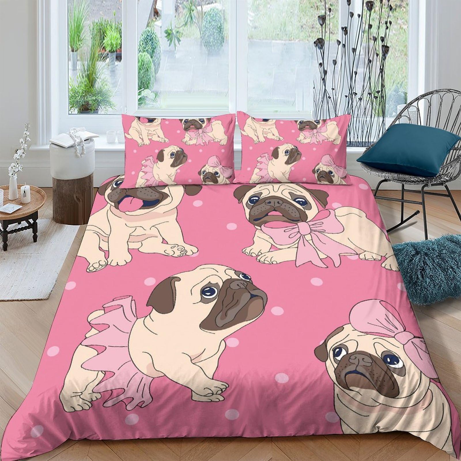 Ctjqhvkz Style-6 3D Printed Cute Pug Cartoon Fitted Sheet Microfiber Pink Animal Bed Cover For Bedroom Dorm Mattress Decor Single（135X200cm）