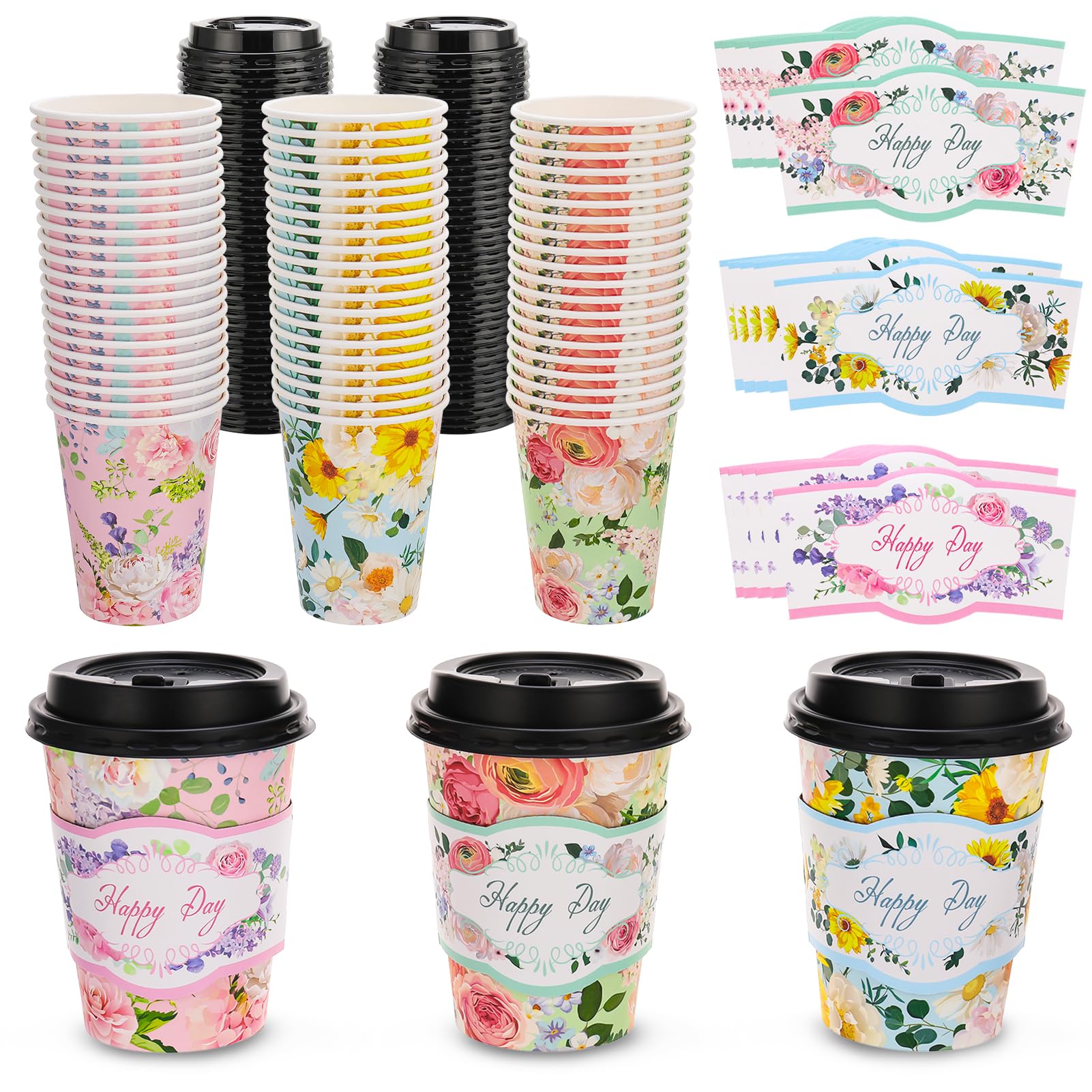 saerryor 60 Pack Floral Coffee Cups with Lids and Sleeves, 12oz
