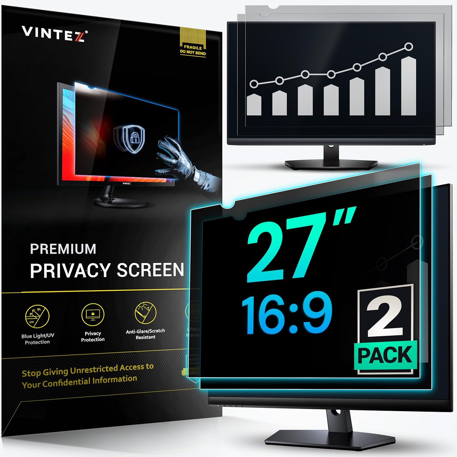 VINTEZ [2 Pack] 27 Inch 16:9 Privacy Screen for Computer Monitor and Laptop - Anti Glare Protector Film Blue Light Filter Eye Protection - Computer Screen Privacy Shield 2 pack 27" DIAGONAL (16:9)