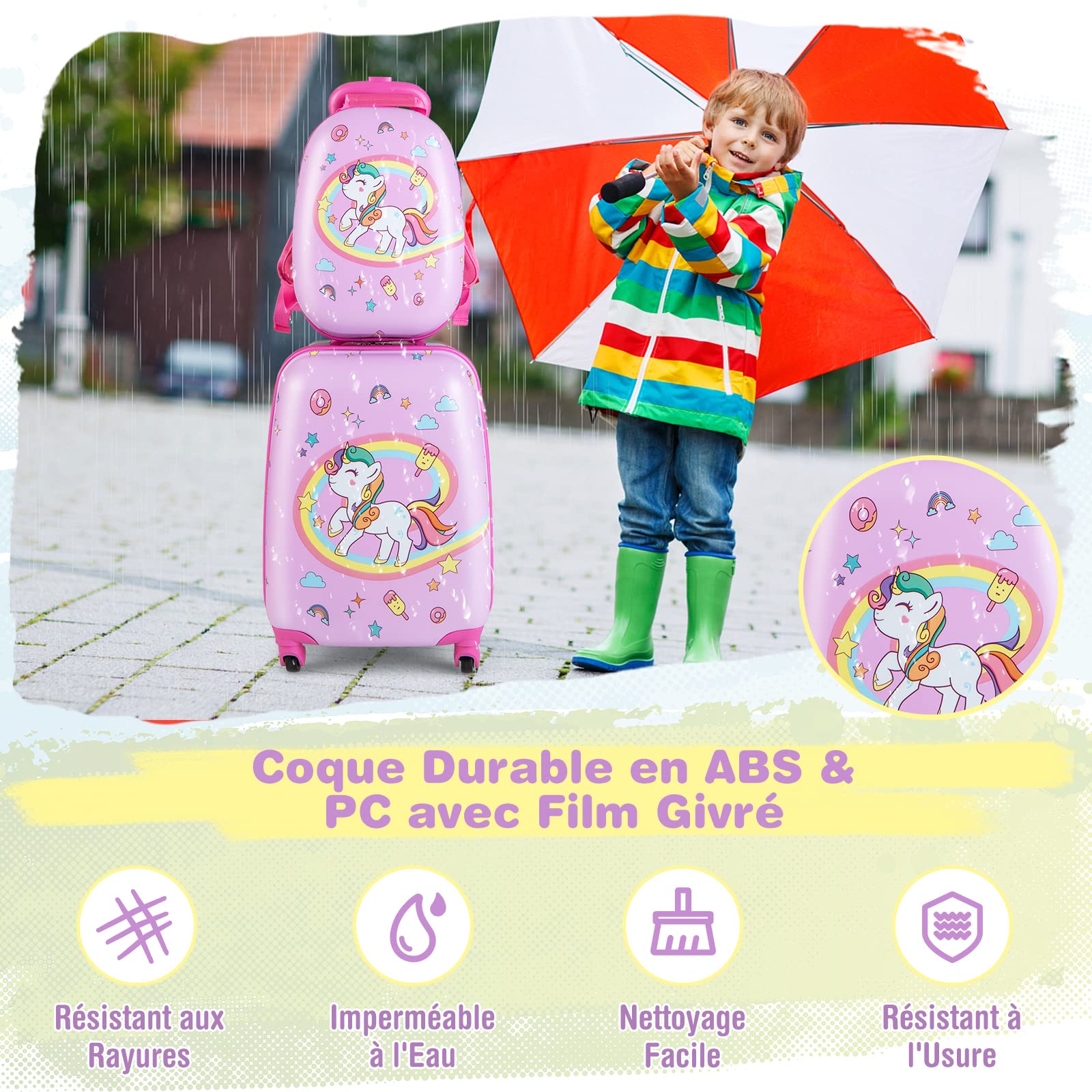 COSTWAY Valise Enfants à roulettes 16’’ & Sac à Dos 12’’ avec Poignée Télescopique, Bagage Enfants avec Motif Voiture d'avion, 4 Roues Rotatives, Lot de 2 Valise pour Fille Garçon(Licorne)