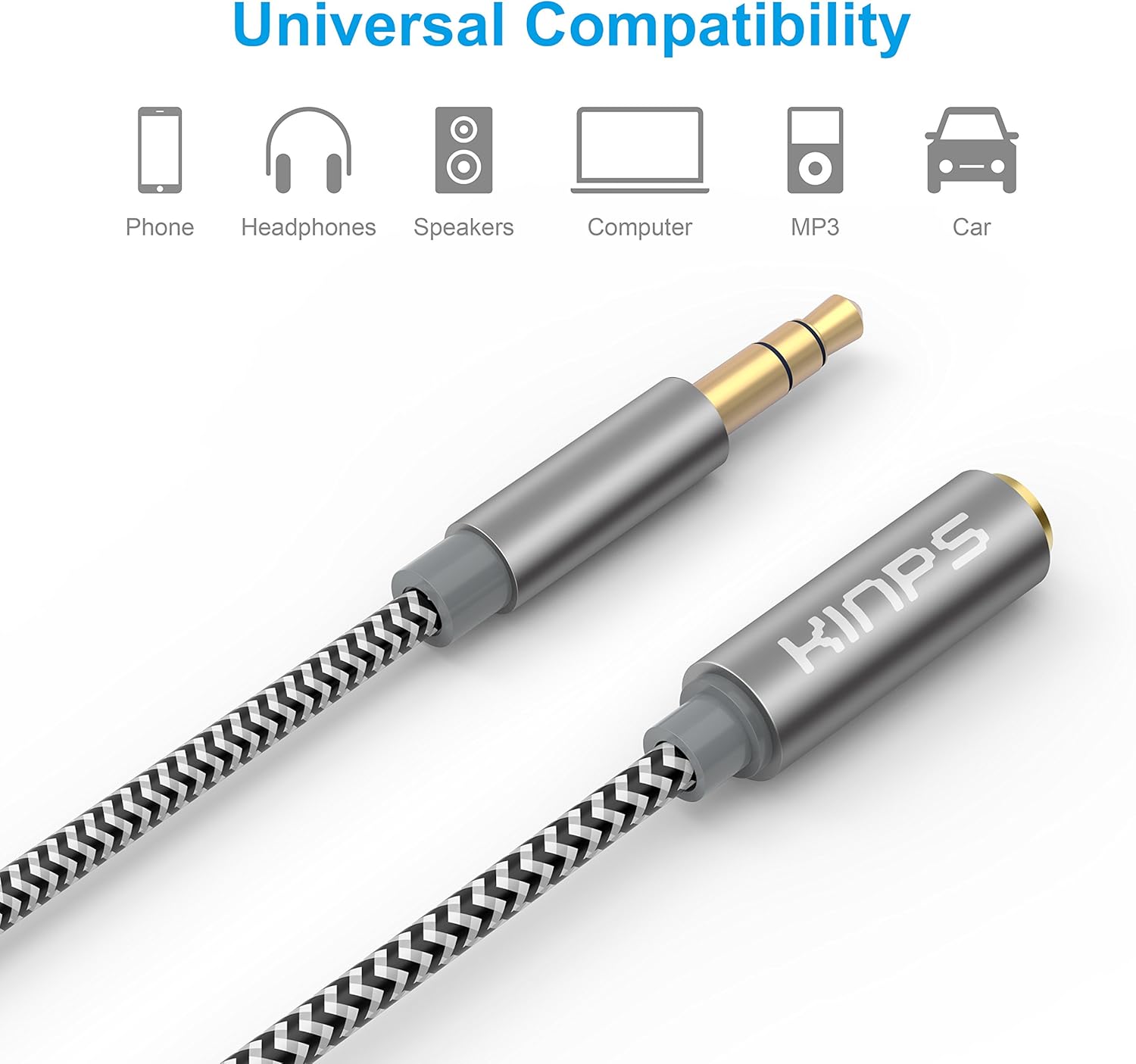 KINPS Audio Auxiliary Stereo Extension Audio Cable 3.5mm Stereo Jack Male to Female, Stereo Jack Cord for Phones, Headphones, Speakers, Tablets, PCs, MP3 Players and More (4FT/1.2M, Braied-Gray) : Electronics