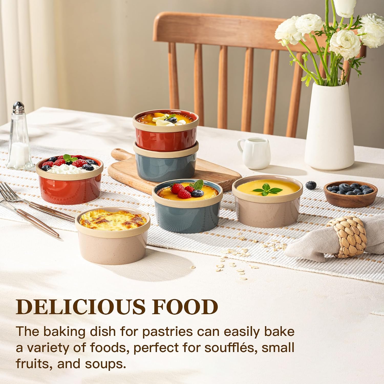 DAFUCERAMIC Ramekins 8 Oz Oven Safe, Ceramic Creme Brulee Souffle Dishes, Pudding Custard Cups Ramekin For Baking, Small Dipping Sauce Bowls, Set of 6, Microwave and Dishwasher Safe (Artisan Colors)