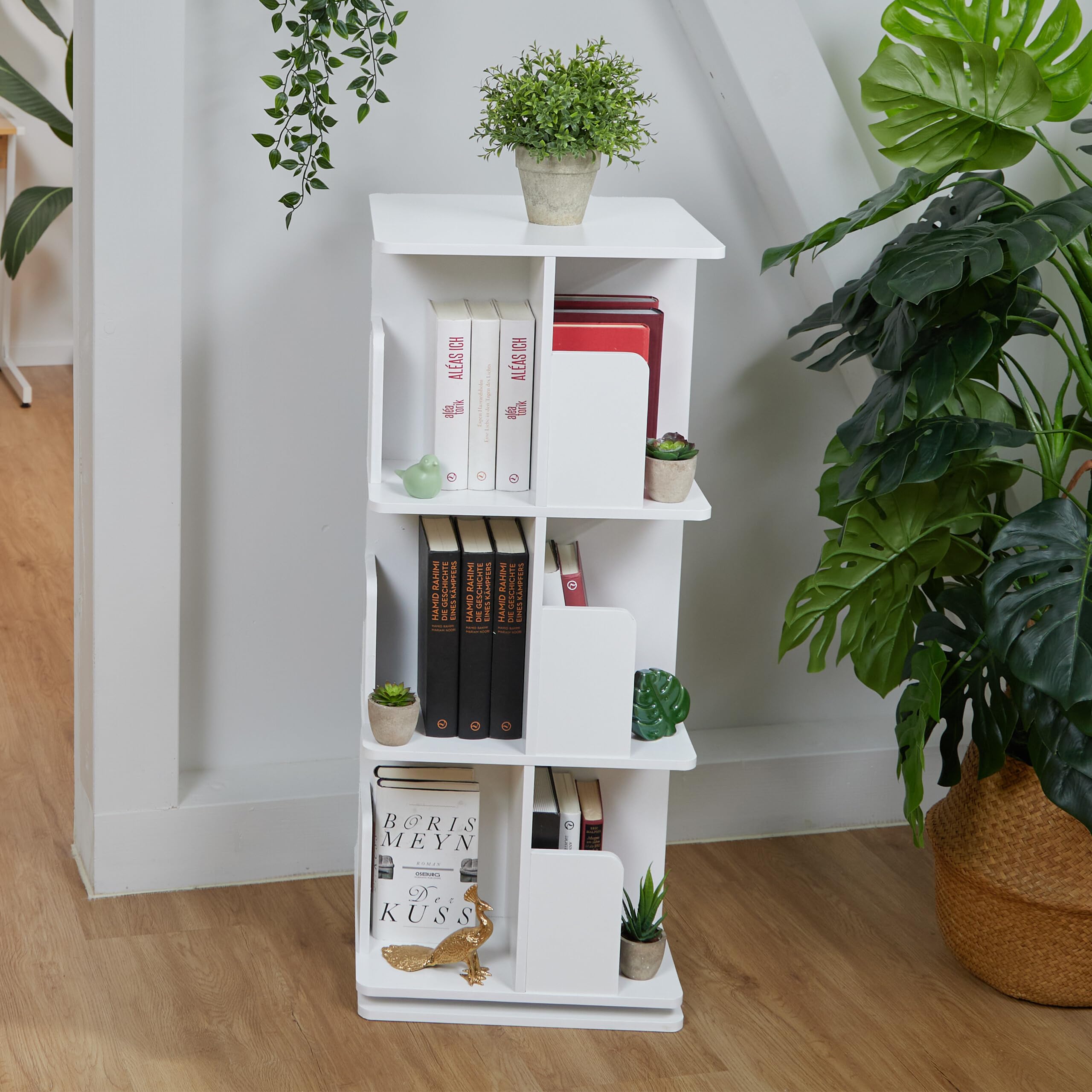 Modern Design 4 Tier 360° Rotating White Bookcase Storage Display Rack For Office Bedroom Living Room Library Floor Standing Shelves (White 50 * 129cm - View #6