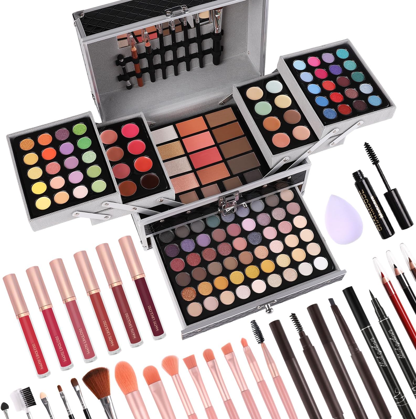 Makeup Gift Set For Women Girls, All in One Full Makeup Kit with Eyeshadow, Lip Gloss, Concealer, Blush, Contour, Highlighter Brushes Liquid Lipsticks Eyebrow Pen Mascara Eyeliner Pencil (Black Set)