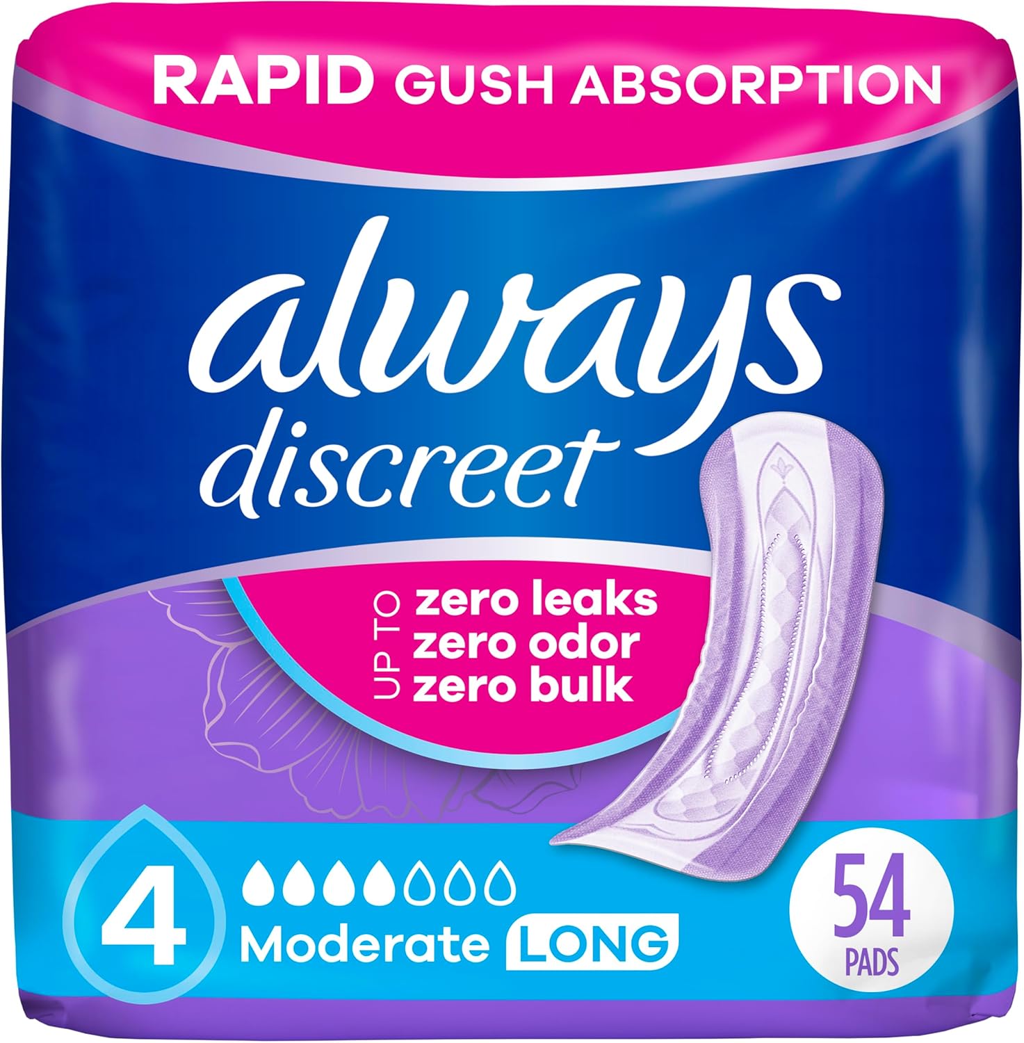 Always Discreet Adult Incontinence Pads for Women, Moderate Absorbency, Long Length, Postpartum Pads, 54 Count Long 54