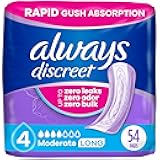 Always Discreet Adult Incontinence Pads for Women, Moderate Absorbency, Long Length, Postpartum Pads, 54 Count